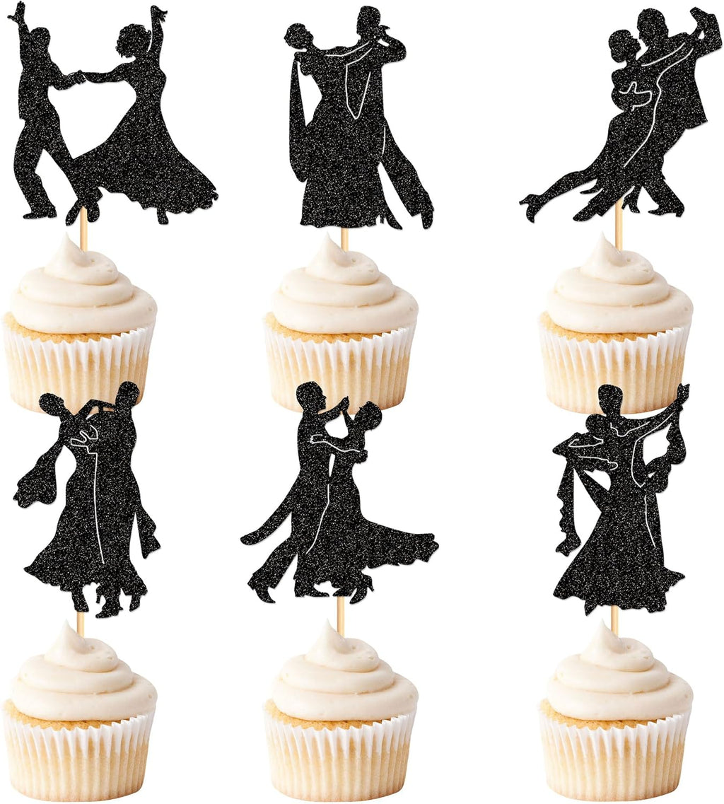 Ercadio 24 PCS Tango Dance Cupcake Toppers Black Glitter Adulthood Ceremony Dancing Girl Boy Cake Birthday Picks for Dancing Cake Dessert Muffin Toppers for Wedding Baby Shower Birthday Party