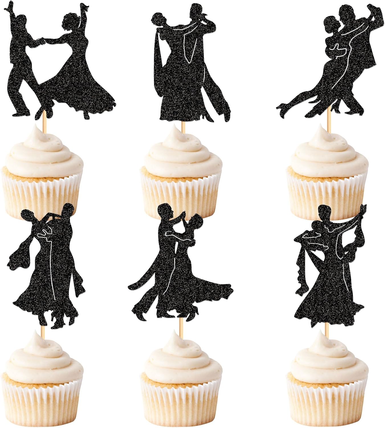 Ercadio 24 PCS Tango Dance Cupcake Toppers Black Glitter Adulthood Ceremony Dancing Girl Boy Cake Birthday Picks for Dancing Cake Dessert Muffin Toppers for Wedding Baby Shower Birthday Party