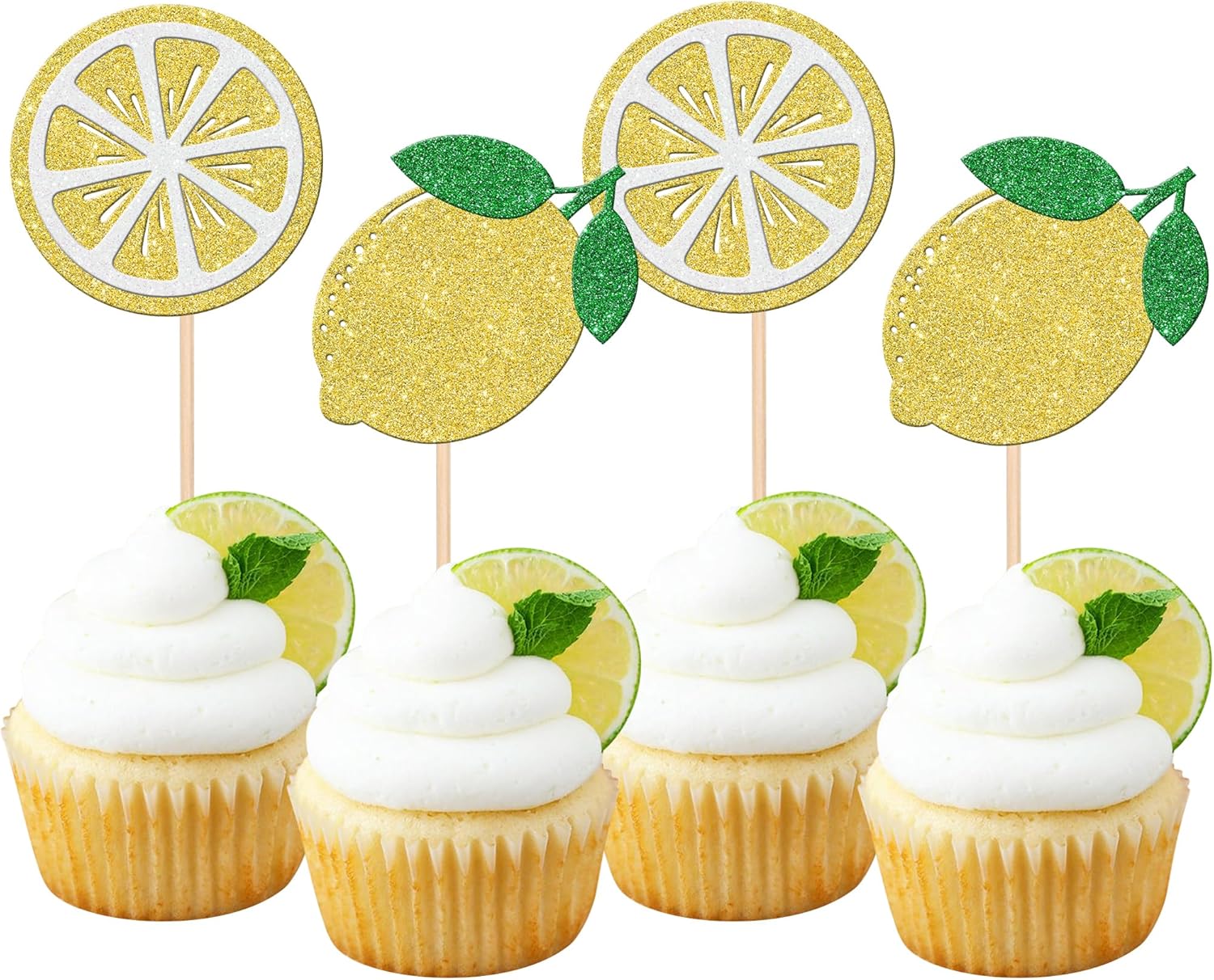 24 PCS Lemon Cupcake Toppers Glitter Fruit Theme Lemonade Party Cupcake Picks for Lemon Theme Baby Shower Wedding Engagement Bridal Shower Birthday Main Squeeze Party Cake Decorations Supplies