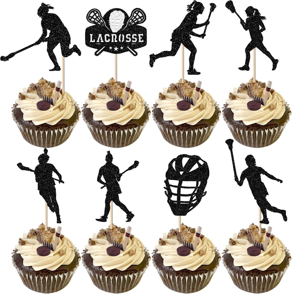 Rsstarxi 24 Pack Lacrosse Cupcake Toppers Lacrosse Party Decorations Lacrosse Player Cupcake Picks for Lacrosse Sport Baby Shower Girl Birthday Party Cake Decorations Black