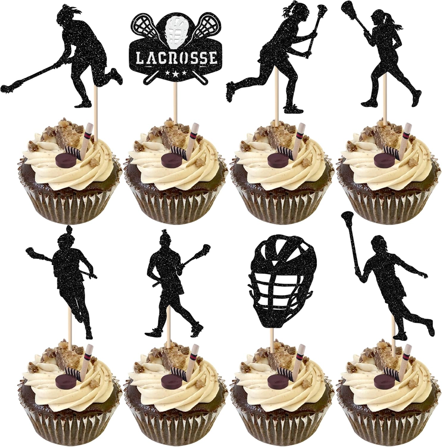 Rsstarxi 24 Pack Lacrosse Cupcake Toppers Lacrosse Party Decorations Lacrosse Player Cupcake Picks for Lacrosse Sport Baby Shower Girl Birthday Party Cake Decorations Black