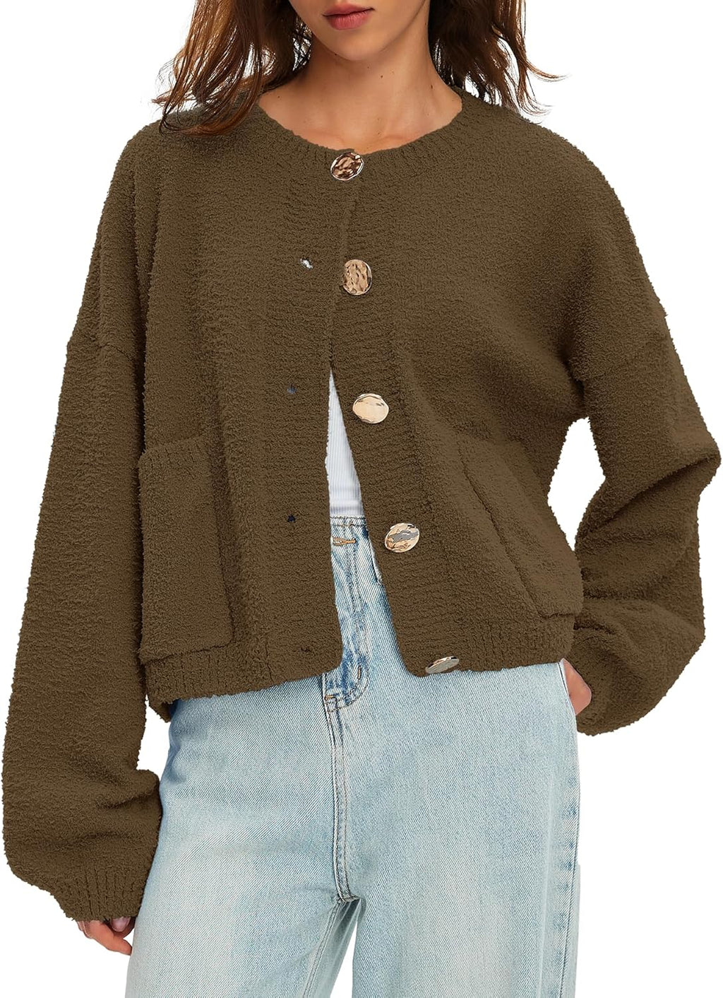 Beaully Women's Cardigan Sweaters Fuzzy Knit Long Sleeve Button Up Outwear Casual Warm Fall Jackets Coats