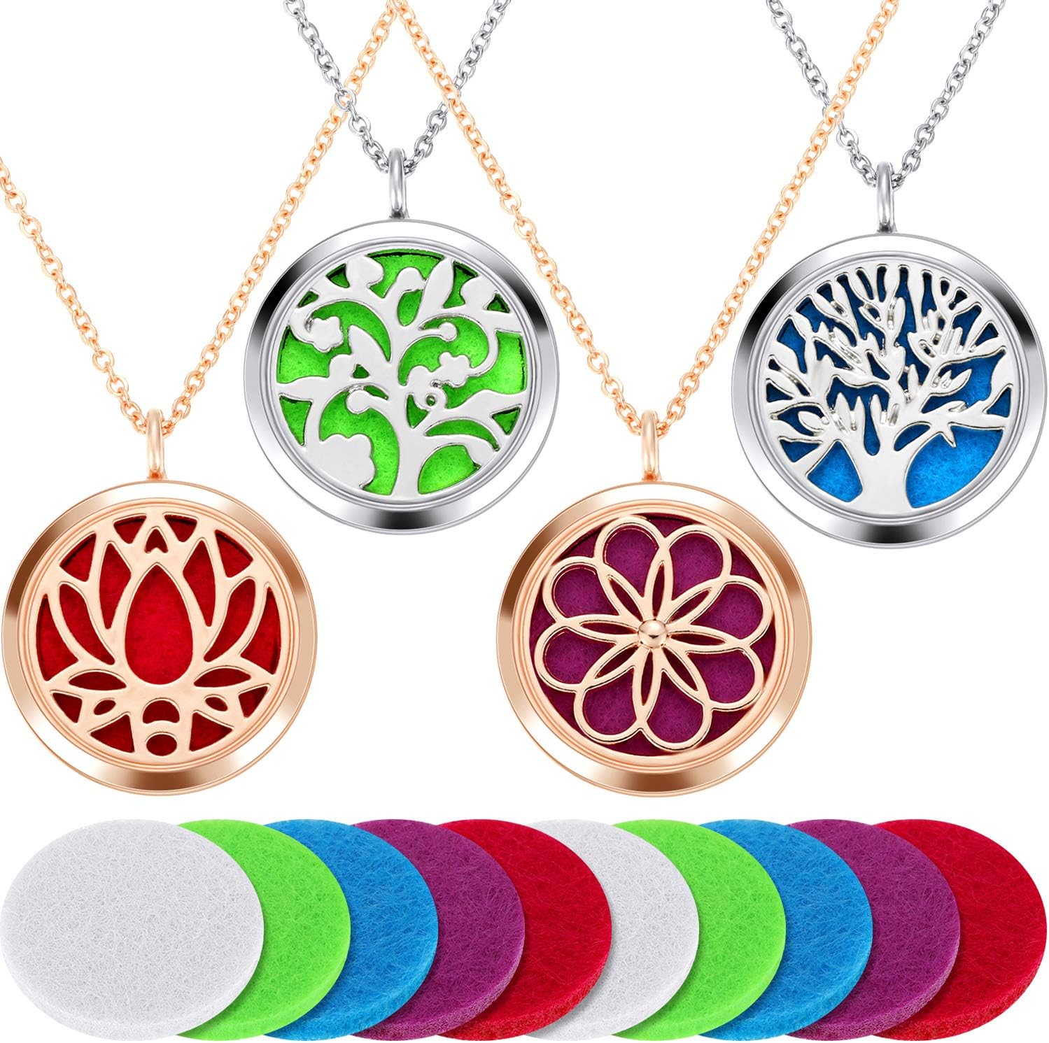 Hicarer 4 Pieces Essential Oil Necklace Diffuser Oil Pendant Locket Aromatherapy Pendant Perfume Oil Jewelry Necklace with 14 Refill Pads and 24 Inch Adjustable Chain