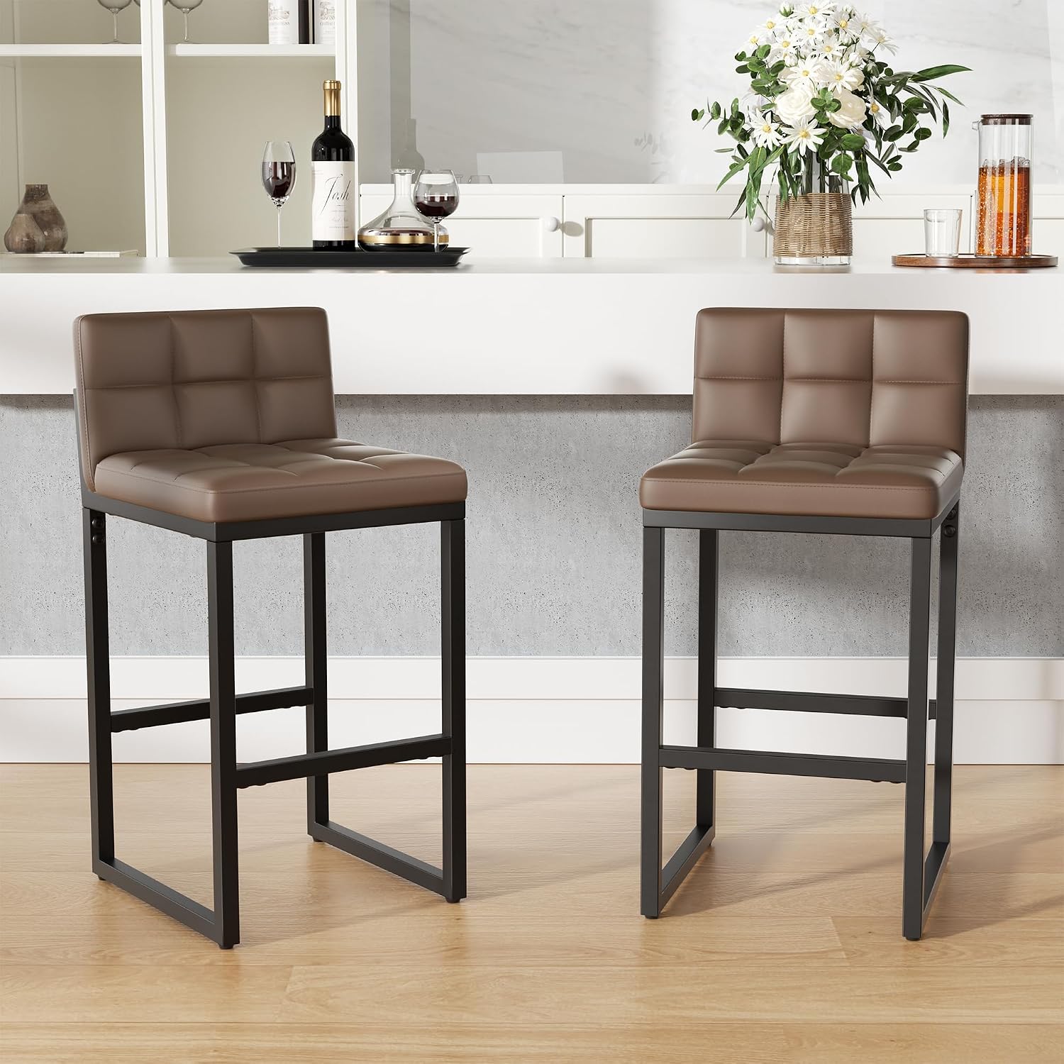 24" Bar Stools Set of 2, Modern Faux Leather Counter Height Bar Stools with Low Back and Footrest, Sturdy Thickened Metal Leg, Upholstered Kitchen Bar Chairs for Island, Coffee