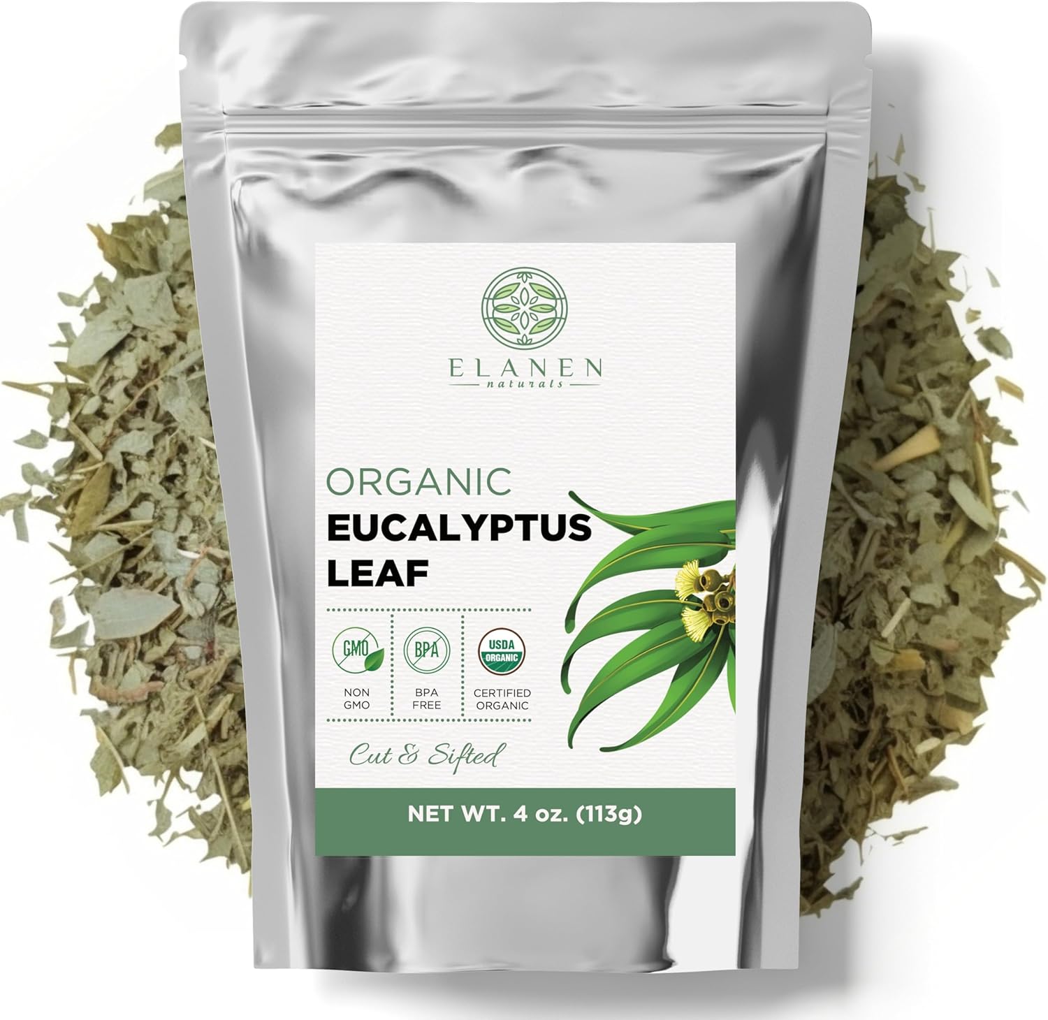 Elanen Naturals Organic Eucalyptus Leaf Tea 4 oz. (113g), USDA Organic, Eucalipto Hojas Naturales, Leaves, Te De Eucalipto, Eaucalyptus, Calyptus, Cut & Sifted