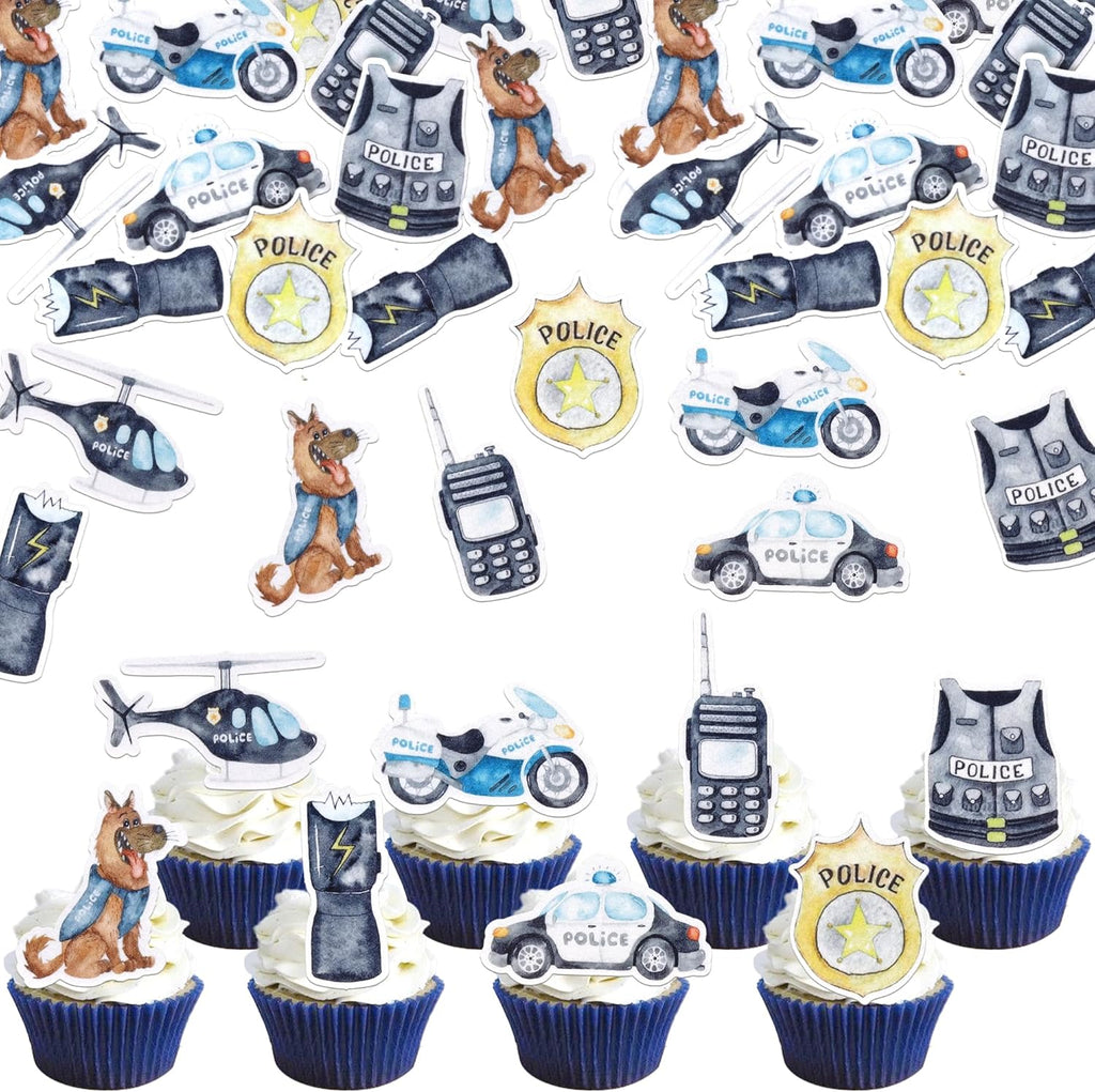 64 Edible Police Cupcake Toppers Police Officer Cupcake Picks Edible Helicopter Car Dog Badge Uniform Gun Policeman Cupcake Decorations for Policeman Theme Birthday Party Cake Decorations Supplies