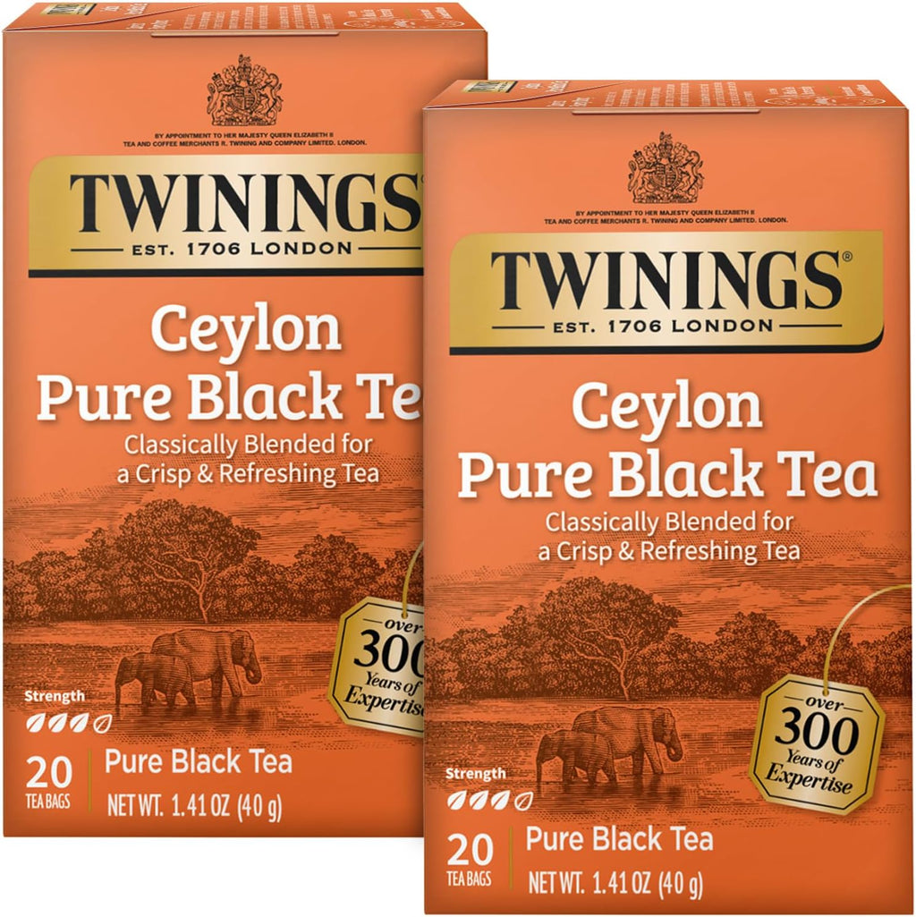 Twinings Ceylon Pure Black Tea - A Crisp, Refreshing, Formerly Orange Pekoe, Caffeinated Tea Bags, Individually Wrapped, 20 Count (Pack of 2)