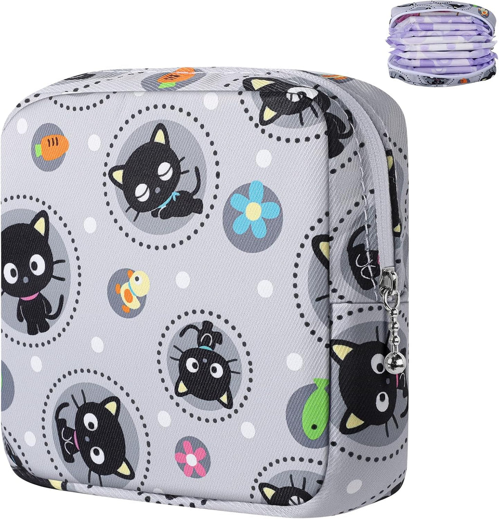 Likesing Period Bag Pouch, Canvas Sanitary Napkin Storage Bag for Girls Womens, Portable Sanitary Napkin Period Pad Pouch for Purse, Small Make Up Bags(Gray Cat)