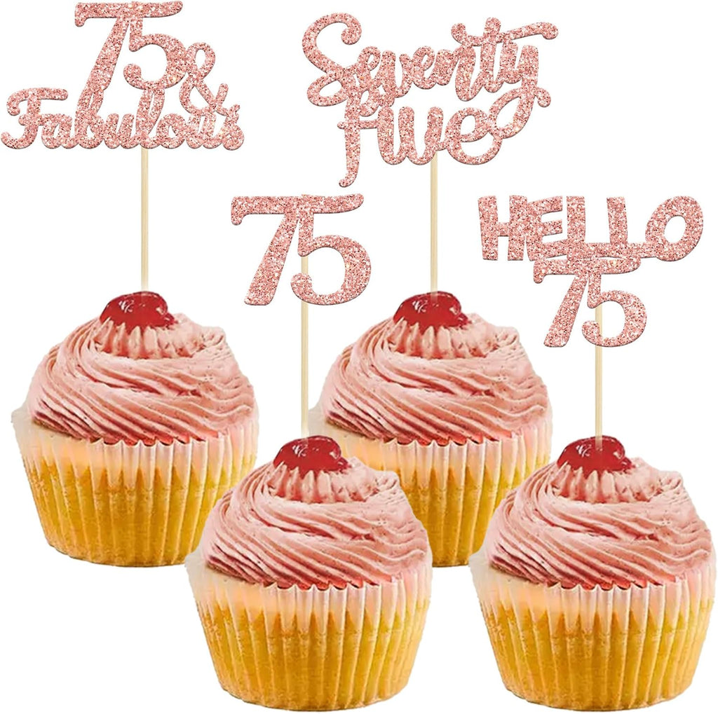 Gyufise 24Pcs Rose Gold Glitter 75 Cupcake Toppers 75th Birthday Cupcake Toppers Hello 75 Seventy Five 75 Cake Toppers 75 Fabulous Cupcake Picks for 75th Birthday Cake Decorations Supplies