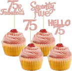 Gyufise 24Pcs Rose Gold Glitter 75 Cupcake Toppers 75th Birthday Cupcake Toppers Hello 75 Seventy Five 75 Cake Toppers 75 Fabulous Cupcake Picks for 75th Birthday Cake Decorations Supplies
