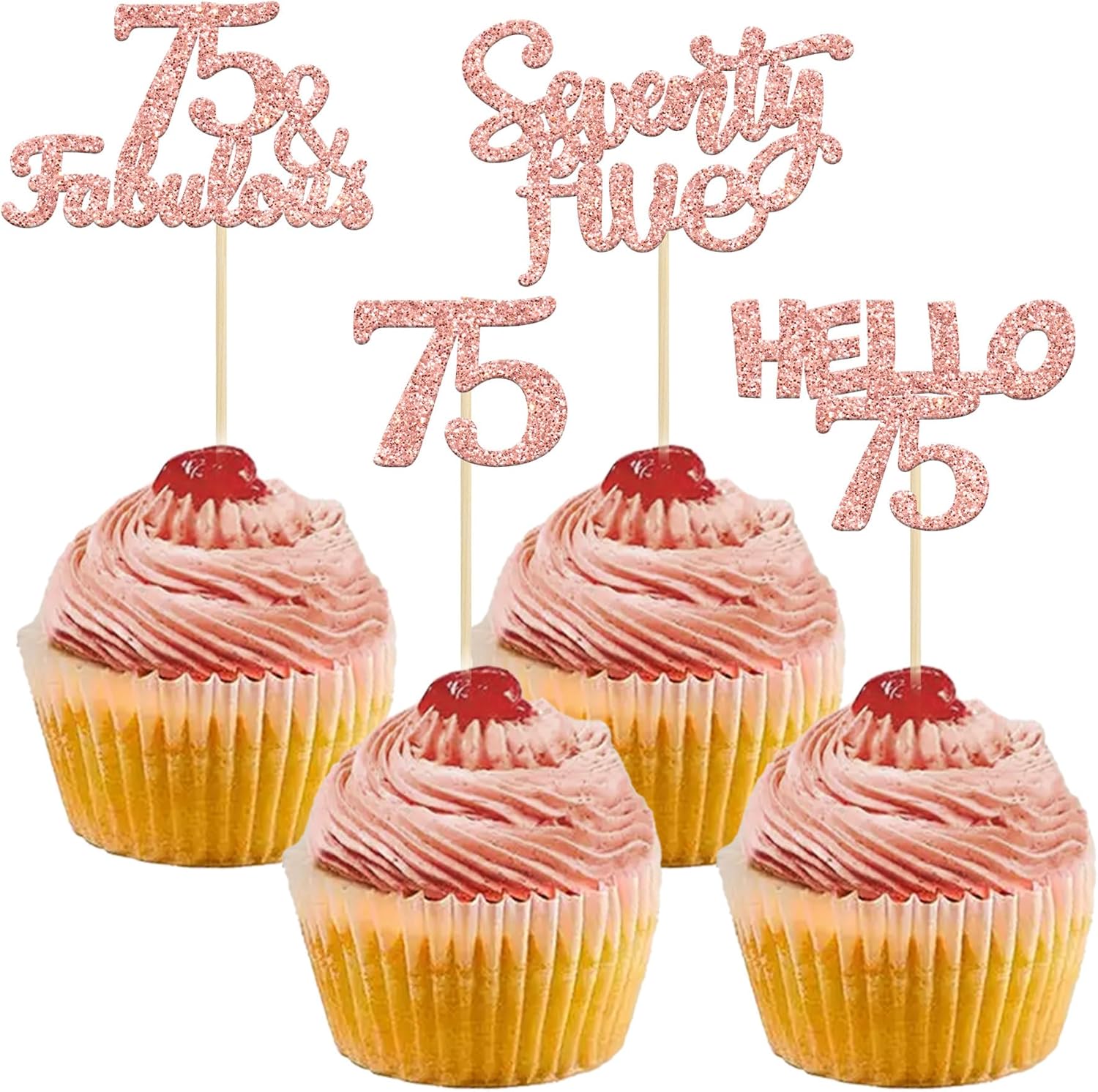 Gyufise 24Pcs Rose Gold Glitter 75 Cupcake Toppers 75th Birthday Cupcake Toppers Hello 75 Seventy Five 75 Cake Toppers 75 Fabulous Cupcake Picks for 75th Birthday Cake Decorations Supplies
