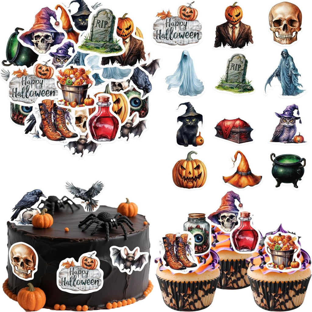 62PCS Edible Halloween Cupcake Toppers Wafer Paper Pumpkin Skull Ghost Cake Decoration Trick or Treat Cupcake Picks for Halloween Eve Theme Party Birthday Decor Supplies