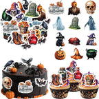 62PCS Edible Halloween Cupcake Toppers Wafer Paper Pumpkin Skull Ghost Cake Decoration Trick or Treat Cupcake Picks for Halloween Eve Theme Party Birthday Decor Supplies