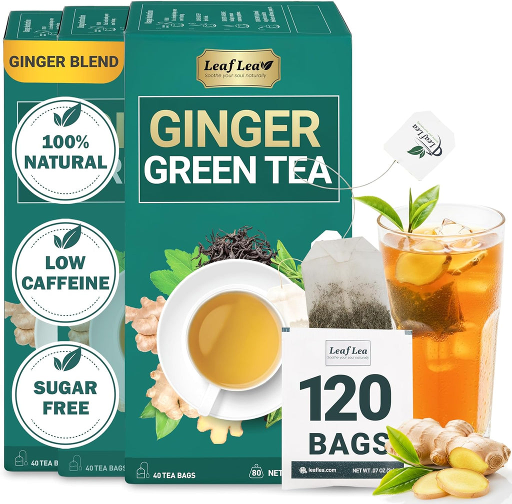 LeafLea Ginger Green Tea, 120 Tea Bags, Premium Green Tea Blend with Pure Ginger Root, Supports Digestive Wellness, Natural Flavor, Low Caffeine, Sugar-Free