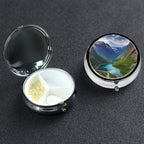 Norwegian Fjords Pill Case 3 Compartments, Metal Round Portable Pill Box with Mirror, Waterproof Travel Pill Organizer for Purse & Pocket, Small Medicine Vitamin Holder Unique Gift