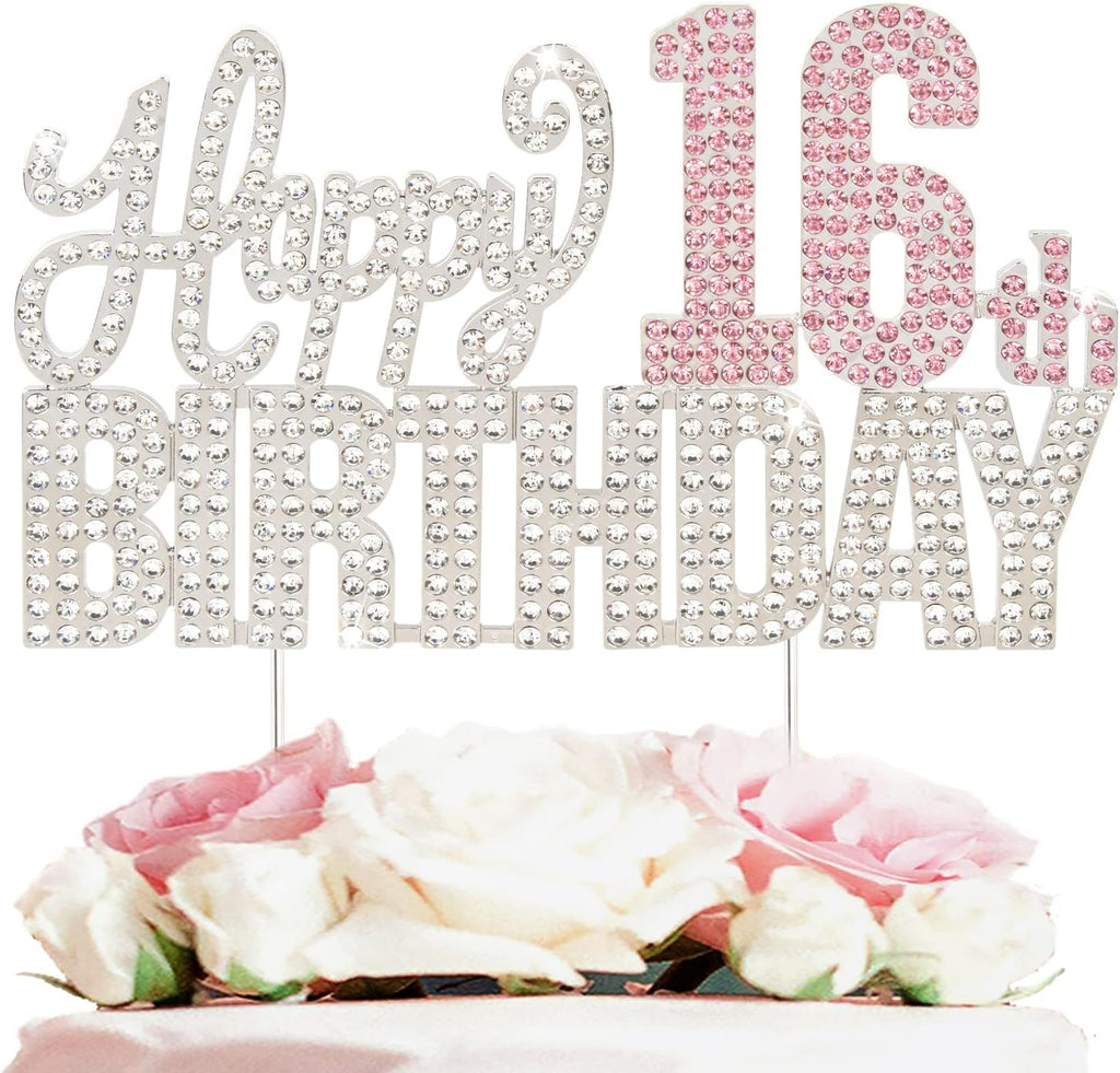 Happy 16th Birthday Silver & Pink Rhinestone Cake Topper - Cheers to 16 Years Old Sixteen Bday Metal Sparkly Cake Centerpieces Topper Decorations Sign.