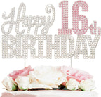 Happy 16th Birthday Silver & Pink Rhinestone Cake Topper - Cheers to 16 Years Old Sixteen Bday Metal Sparkly Cake Centerpieces Topper Decorations Sign.