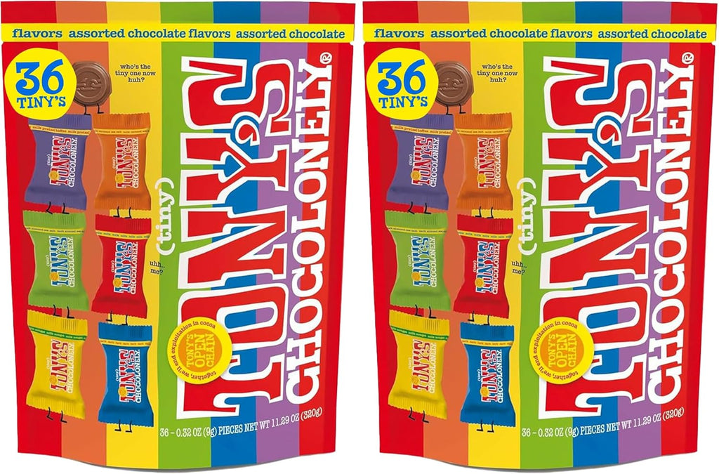 Tony’s Chocolonely Assorted Chocolate Candy Pieces,Belgian Milk & Dark Chocolate,CaramelSeaSalt,Almond Sea Salt,Honey Almond Nougat,Pretzel Toffee,QualityFairtradeCocoa,36 Count,11.28 Oz(Pack of 2)