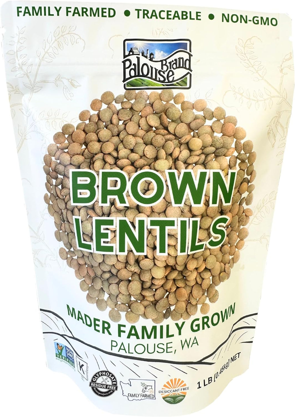 Palouse Brand Non-GMO Project Verified Brown Lentils | Certified Glyphosate Residue Free | 1 lb Pouch | 100% Non-Irradiated | Kosher Parve | USA Grown | Field Traced