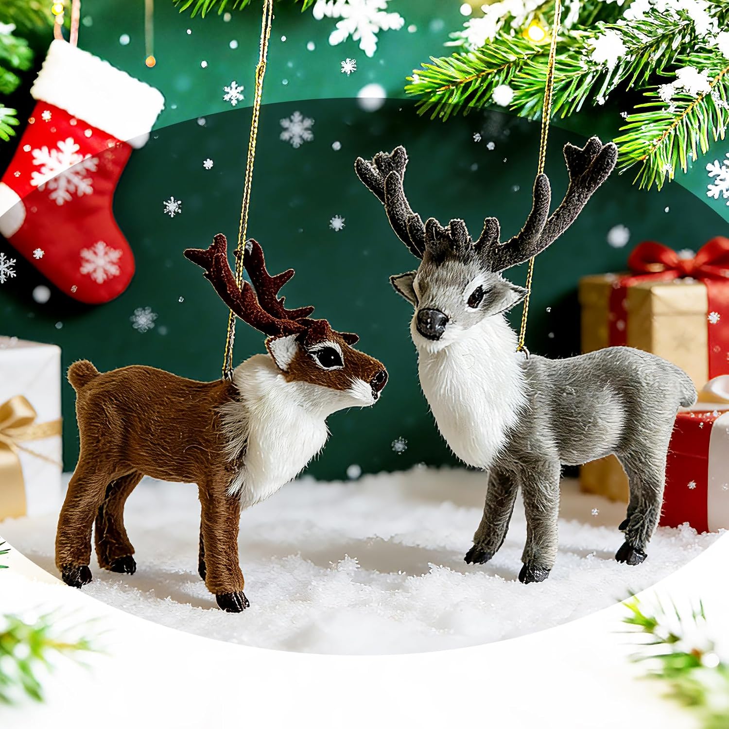 Realistic Plush Reindeer Figurine Set of 2 - Lifelike Christmas Deer Ornaments for Tree Hanging, Home & Car Decor - Woodland Animal Collectible, Holiday Photo Prop, Gift for Animal Lovers