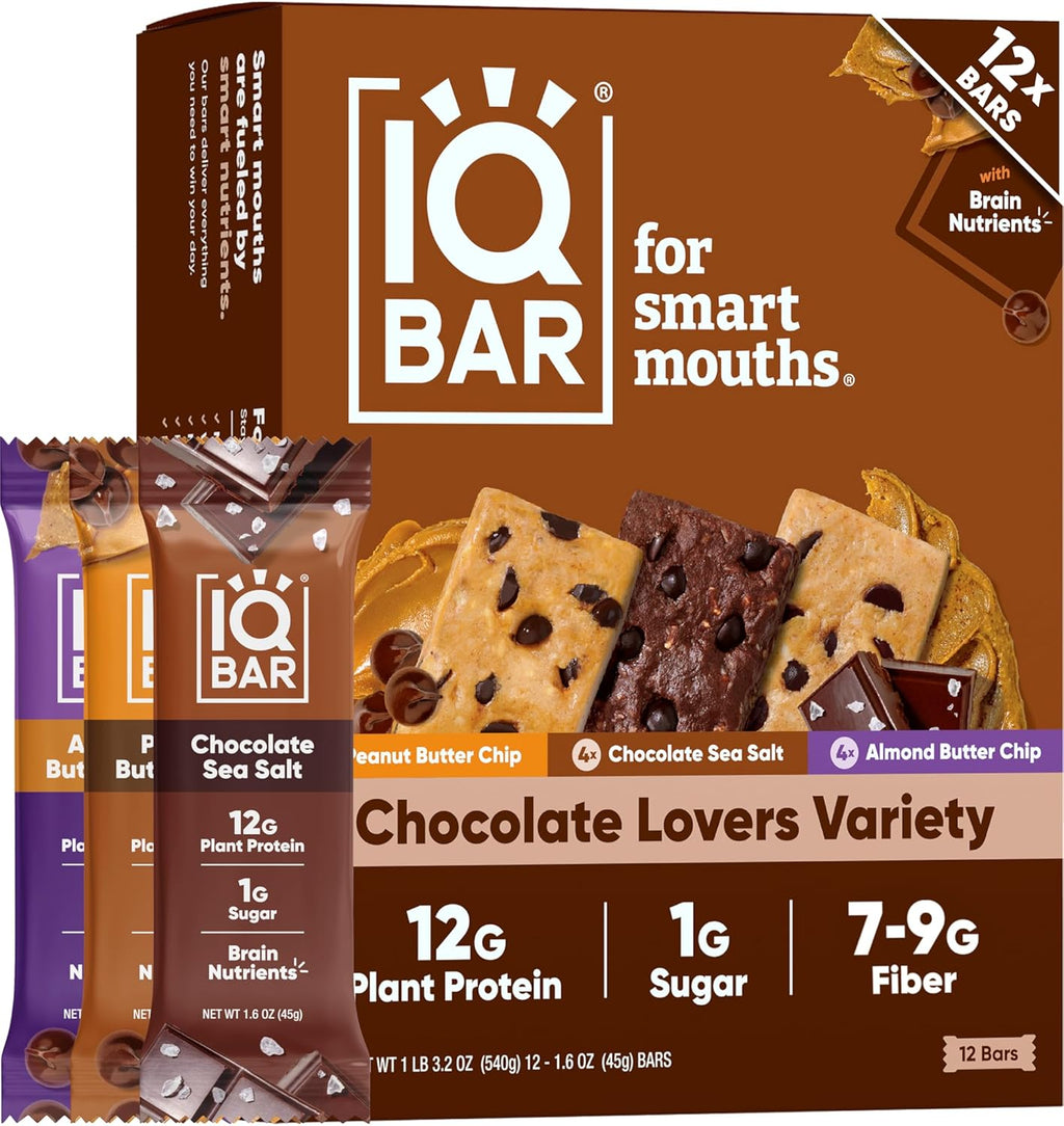IQBAR Clean Plant Protein Bars - Chocolate Lovers Variety - 12 Count - Keto, Vegan, High Fiber, Gluten and Dairy Free, Low Sugar Snack - Brain and Body Nutrients for Focus, Energy, Meal Replacement