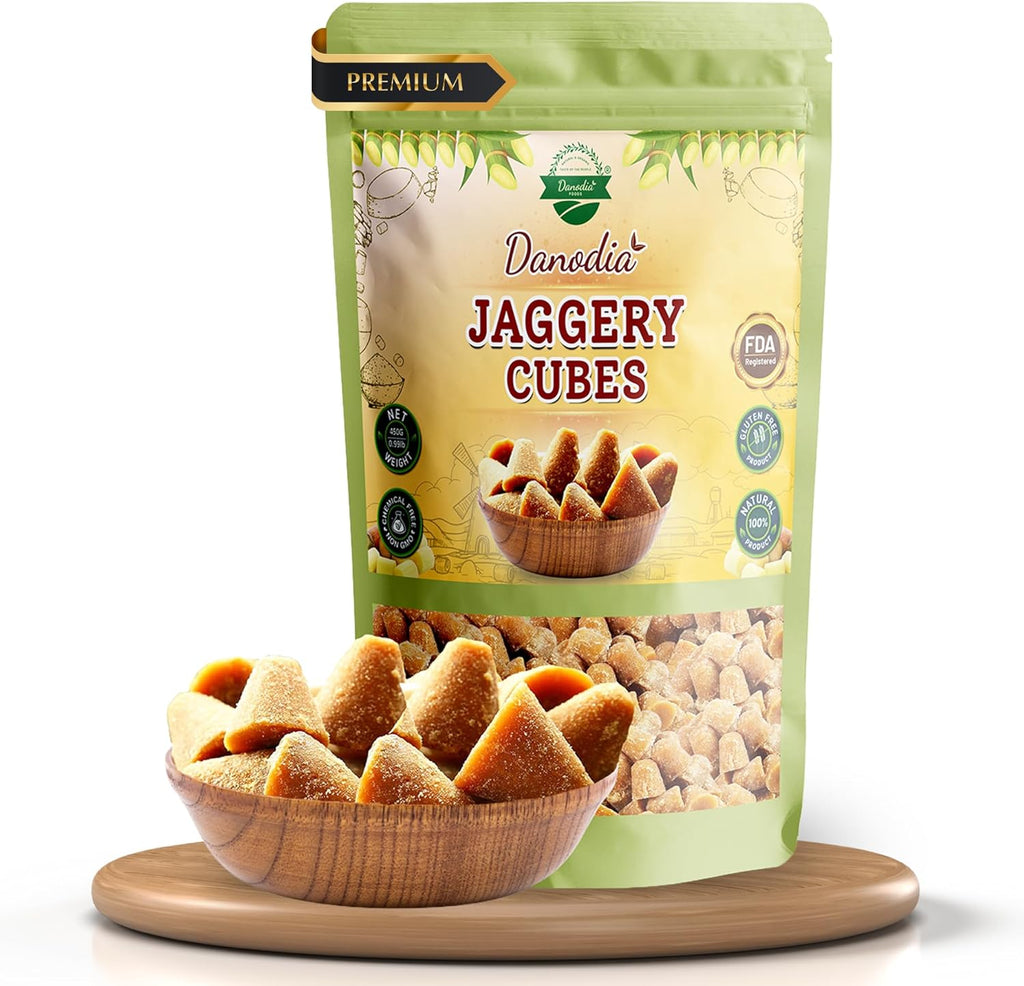 Danodia Foods Organic Jaggery Cubes 1 lb (450g), Pure & Natural, No Additives Sweetener, Vegan & Gluten-Free, Nutrient-Rich Alternative to Refined Sugar for Tea & Coffee, Indian Origin