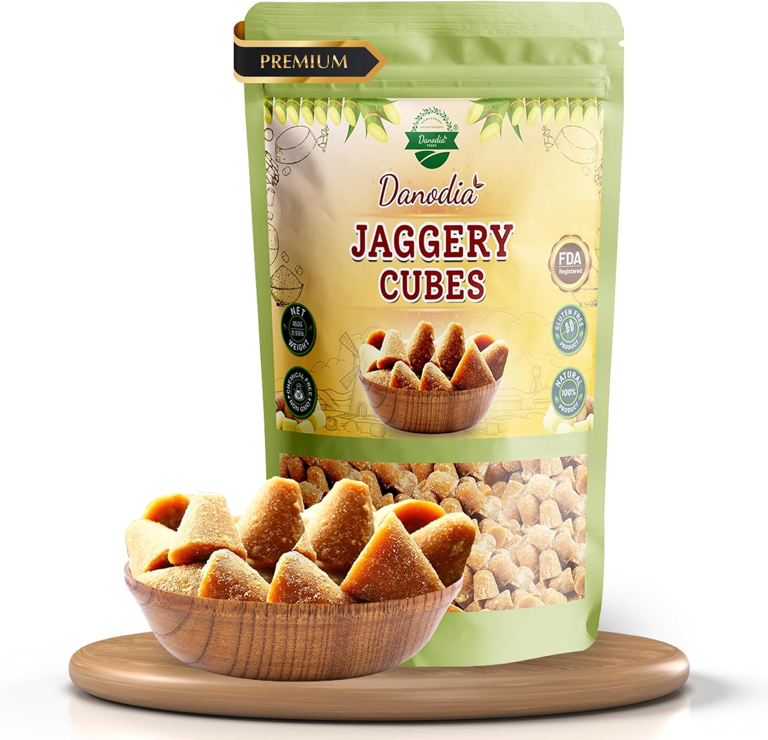 Danodia Foods Organic Jaggery Cubes 1 lb (450g), Pure & Natural, No Additives Sweetener, Vegan & Gluten-Free, Nutrient-Rich Alternative to Refined Sugar for Tea & Coffee, Indian Origin