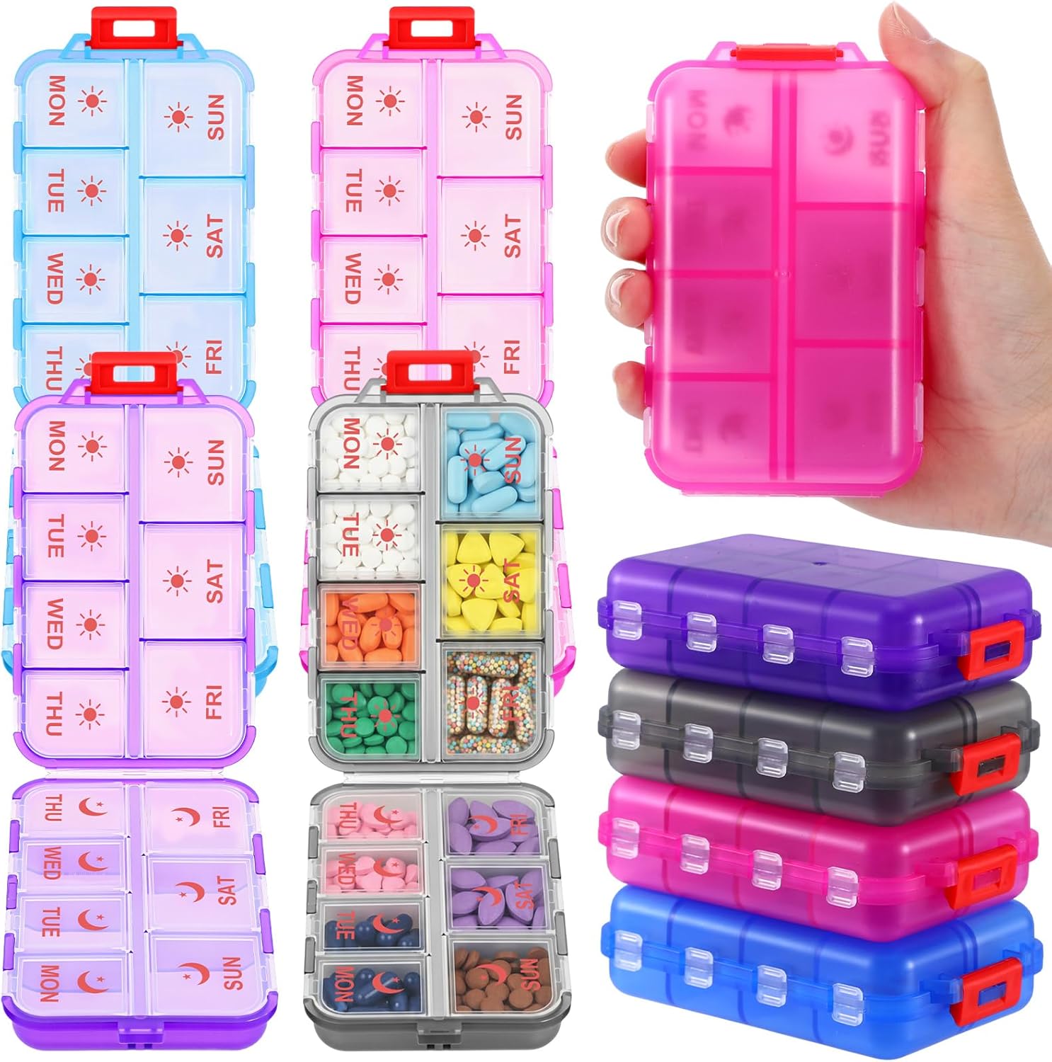 4 Pack 14 Grids Travel Pill Organizer with Printed Labels 2 Times a Day Pill Organizer Foldable Travel Medicine Kit Am Pm Weekly Medicine Box for Vitamin Fish Oil Supplement Storage