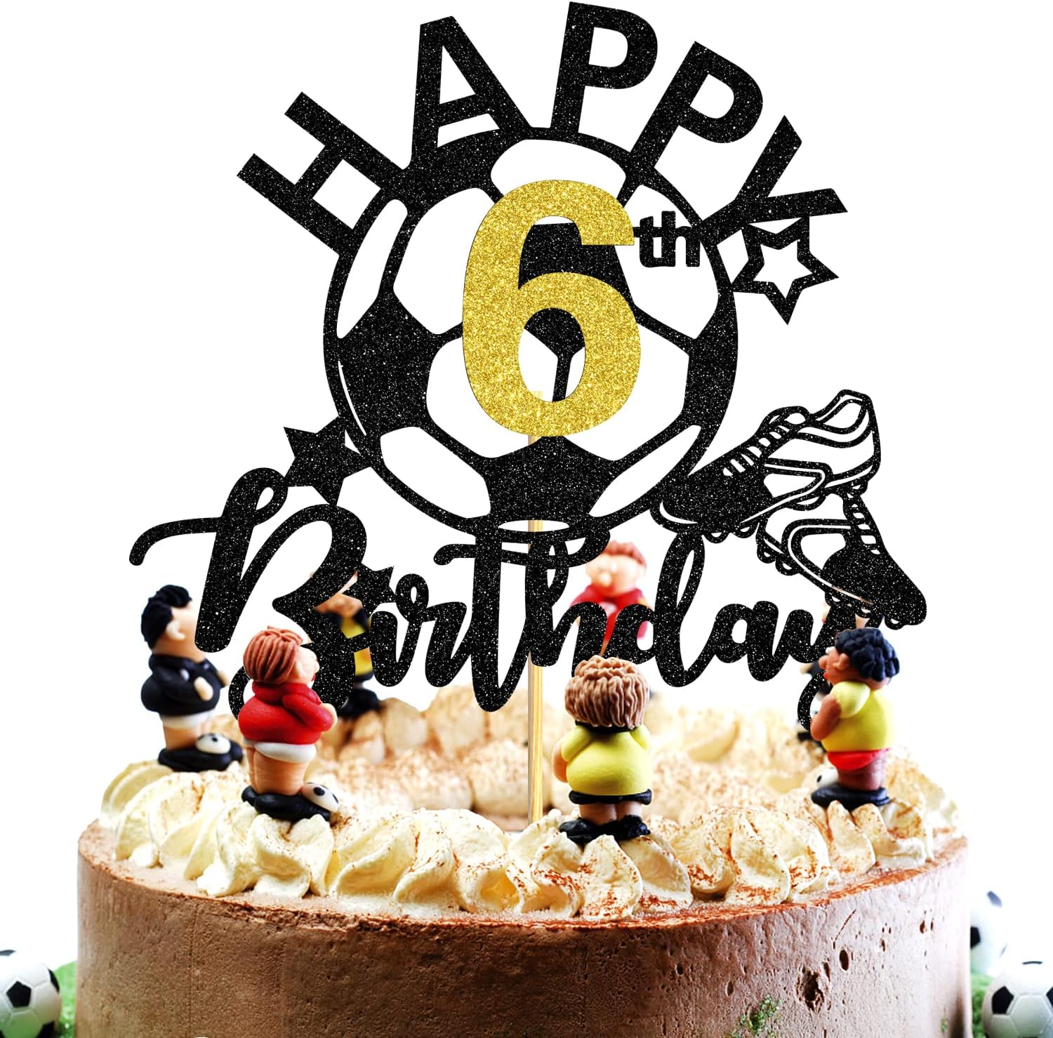 Glitter Soccer Happy 6th Birthday Cake Topper, Soccer Players Toys/Football Theme Party Cake Decorations, 6 Years Old Birthday Cake Ball Party Decorations Supplies for Boy Girl