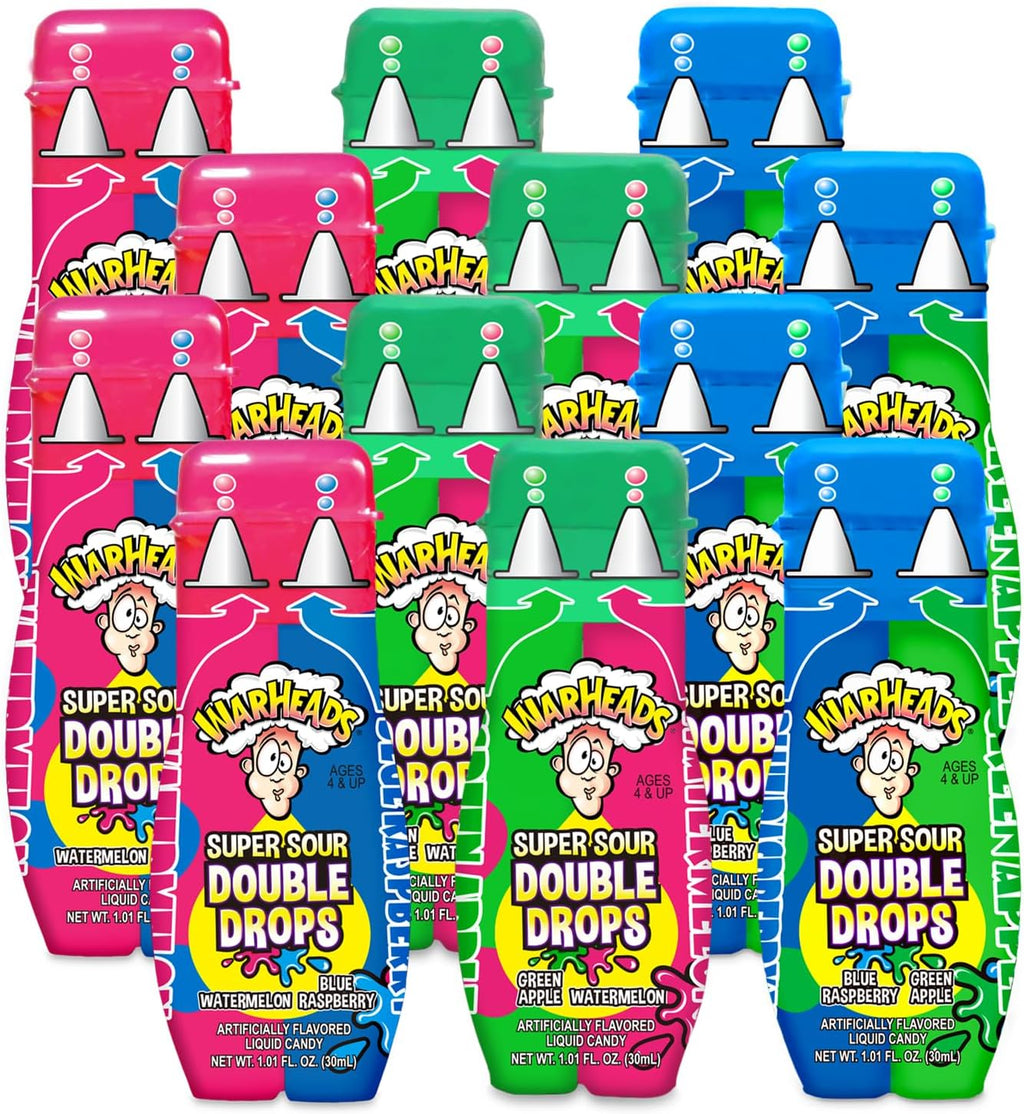 WARHEADS Super Sour Double Drops - Liquid Sour Candy - Blue Raspberry, Green Apple and Watermelon Assorted Flavors - 1.01 oz. Bottles - 12 Pack