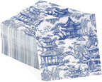 100Pcs Blue Willow Chinoiserie Paper Napkins 3-ply 6.5'' x 6.5" Disposable Blue and White Large Dinner Size Napkins Pagoda Chinoiserie Printed Square Beverage Napkin for Dinner Luncheon Party Supplies