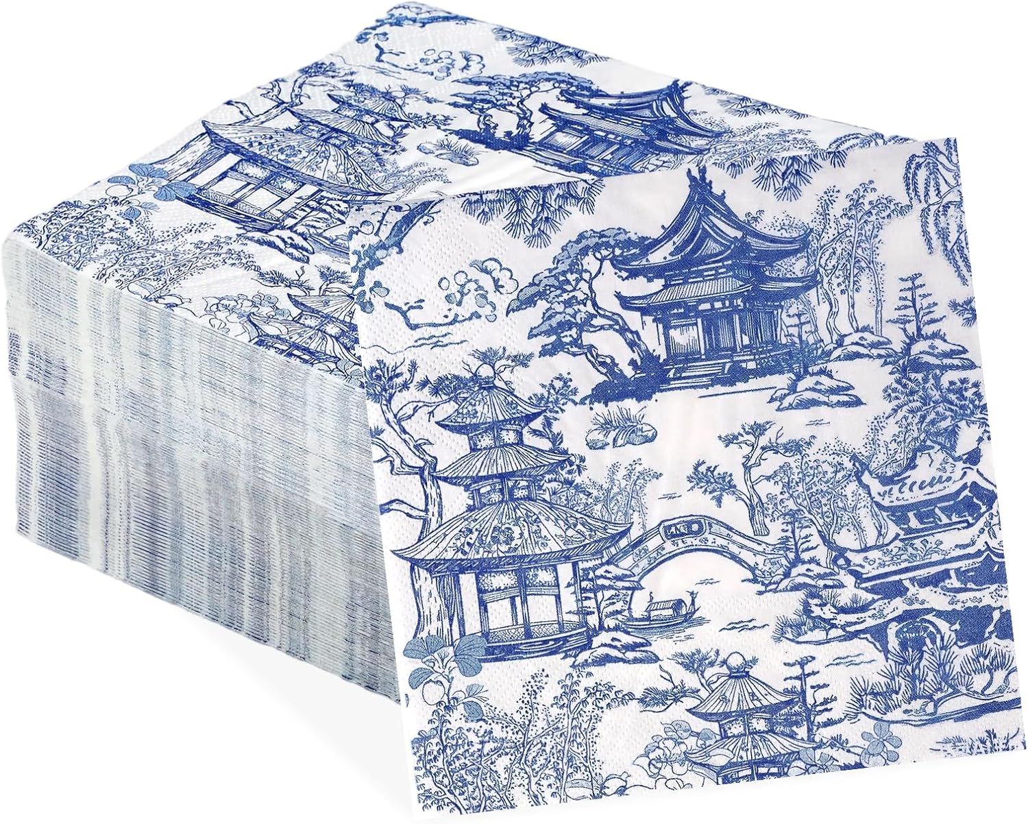 100Pcs Blue Willow Chinoiserie Paper Napkins 3-ply 6.5'' x 6.5" Disposable Blue and White Large Dinner Size Napkins Pagoda Chinoiserie Printed Square Beverage Napkin for Dinner Luncheon Party Supplies
