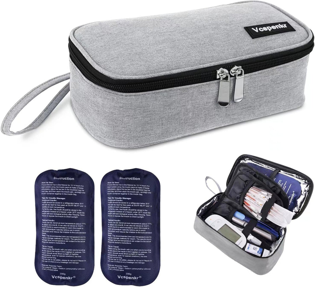 Insulin Cooler Travel Case, Diabetic Medicine Carrying Bag with 2 * 200g Ice Packs, Large Capacity Insulated Organizer Medication Cooler Bag for Insulin Pens and Diabetes (Gray)