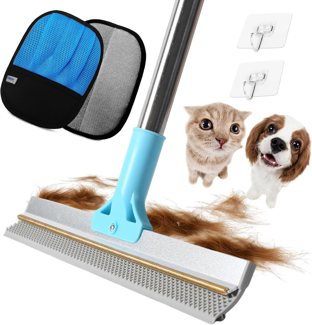 Carpet Rake for Pet Hair Removal, 54" Adjustable Long Handle 3 in 1 Carpet Rake & Pet Hair Removal Gloves for Cat Dog Fur Remover for Carpets, Rugs, Mats and Furniture(with 2 Hooks)