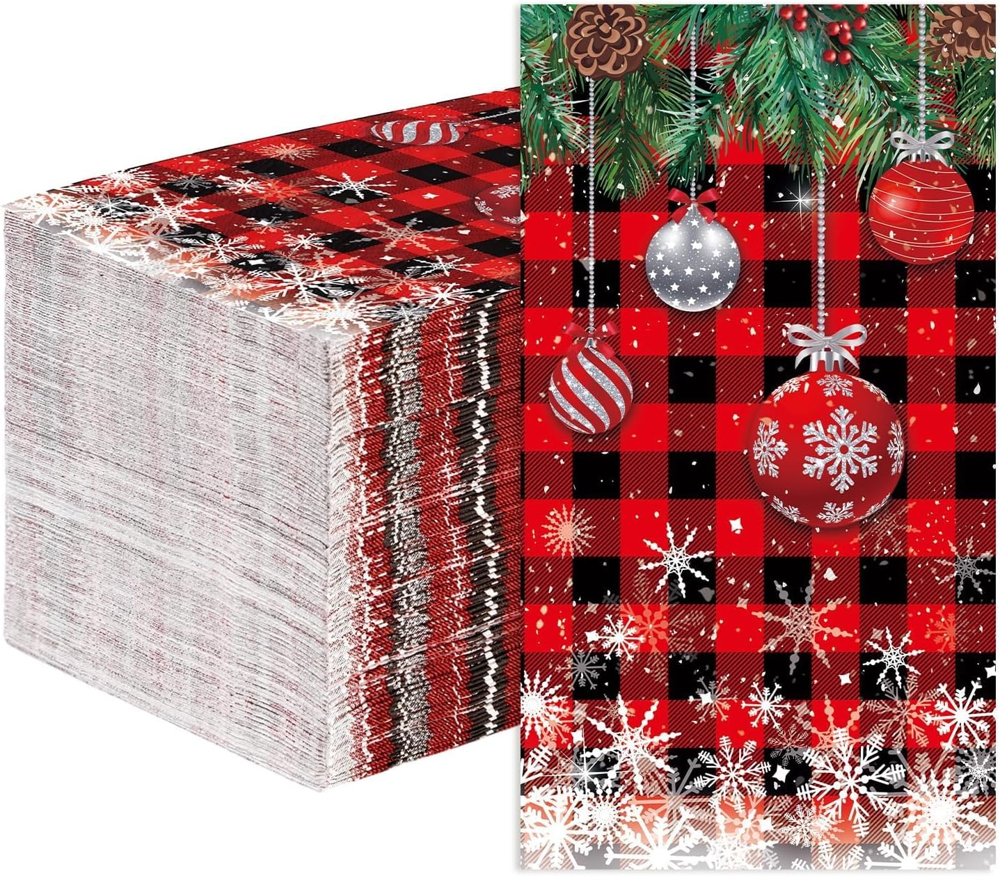 100Pcs Red Buffalo Plaid Snowflake Napkins 3 Ply Disposable Absorbent Red Black Checkered Hand Towels Pine Tree Red Ball Guest Napkins for Christmas Winter Holiday Supplies