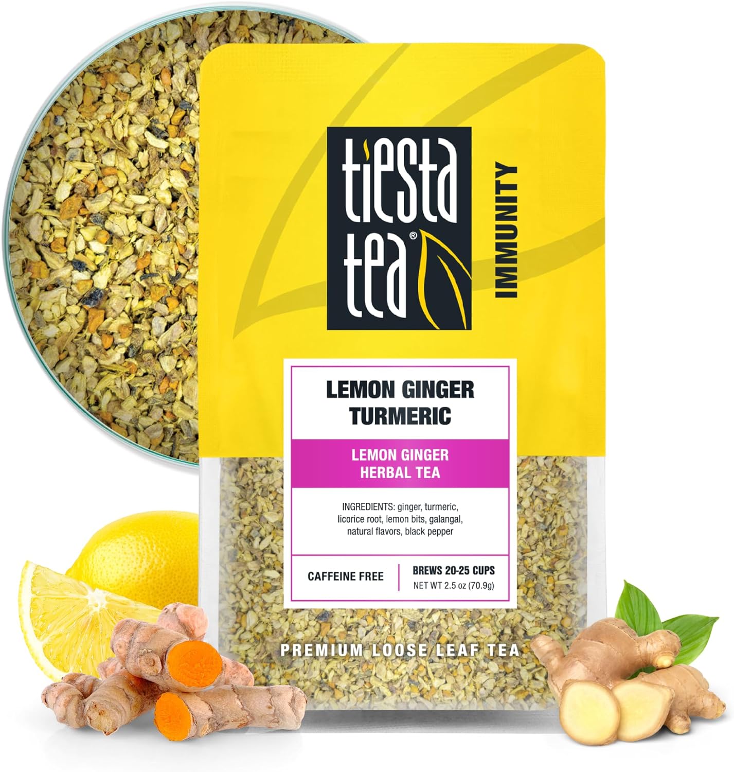 Tiesta Tea - Lemon Ginger Turmeric, Loose Leaf, Lemon Ginger Herbal Tea, Premium Blend, Non Caffeinated Herbal, Make Hot or Iced Brews Up to 25 Cups, 2.5 Ounce Resealable Pouch