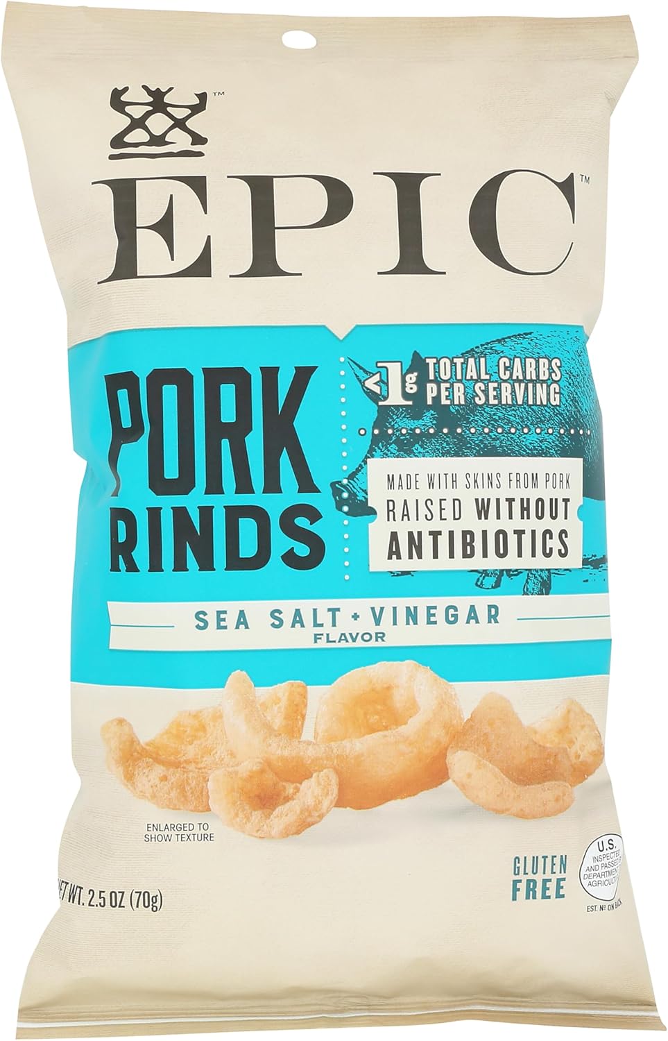 EPIC Sea Salt and Vinegar Pork Rinds, Keto Friendly, Protein Snacks, 2.5 oz
