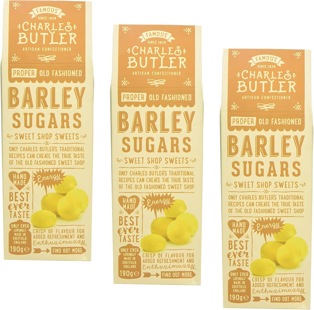 Charles Butler Barley Sugars 6.7oz (Pack of 3) | Handmade Old Fashioned Barley Sugar Candy Drops | Traditional British Hard Candy Gift Box | English Hard Boiled Sweets | Confectionery from England, UK