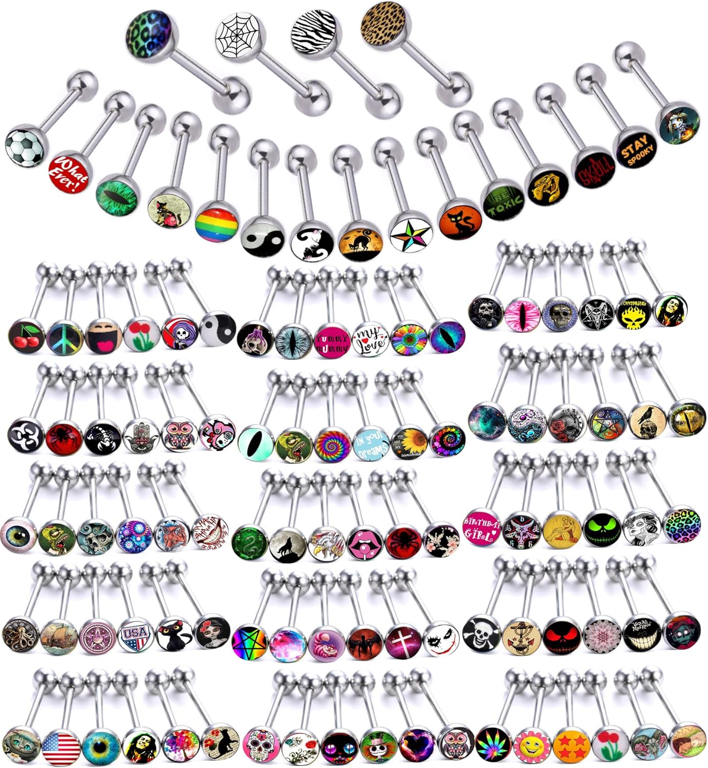 Lot of Surgical Steel Metal Tongue Rings Barbells Tongue Piercing Bar Nasty Wordings Picture Logo Signs 14g - Length 5/8" or 16mm