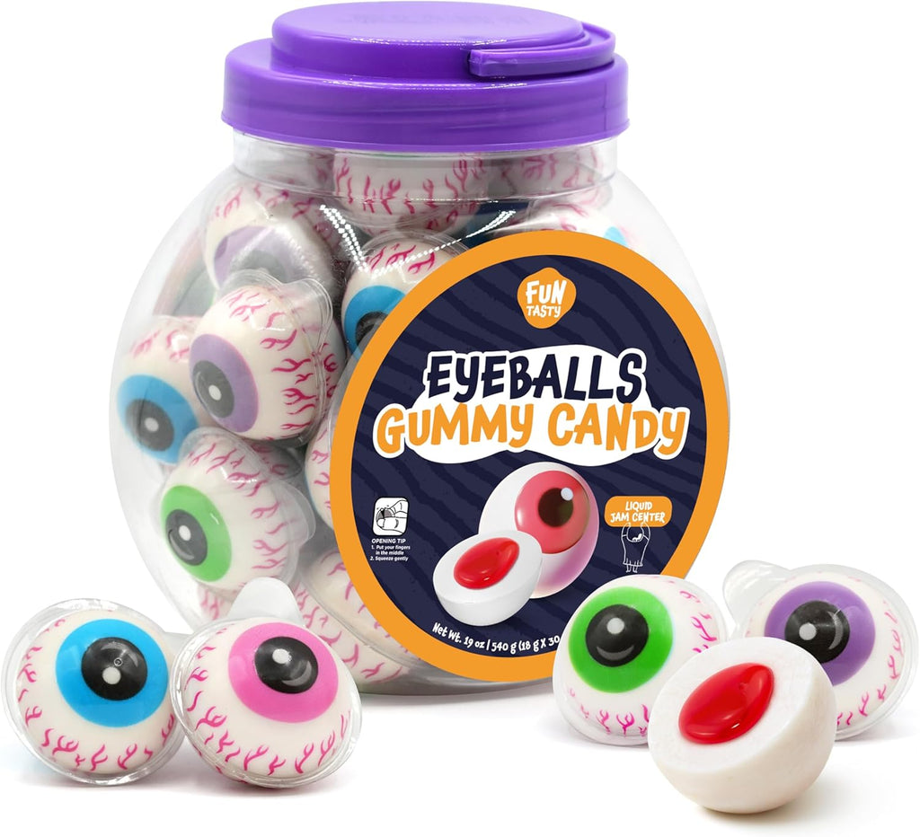 Eyeballs Gummy Candy - 19 Oz Jar (30 Count) - Strawberry Jelly Filled Gummies - Individually Wrapped Candy - Party Favors - Spooky Eyes Gummies by Funtasty