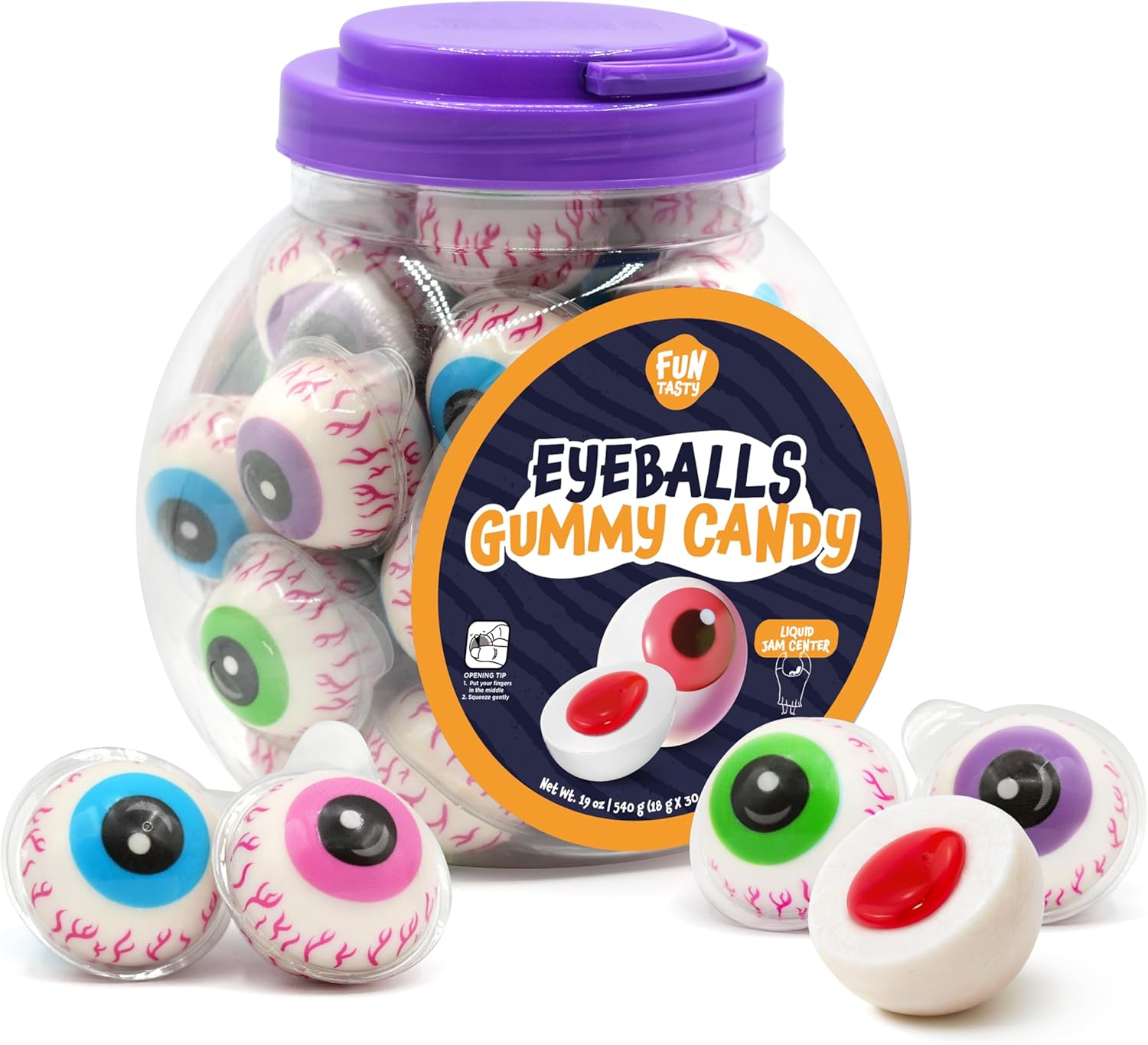 Eyeballs Gummy Candy - 19 Oz Jar (30 Count) - Strawberry Jelly Filled Gummies - Individually Wrapped Candy - Party Favors - Spooky Eyes Gummies by Funtasty