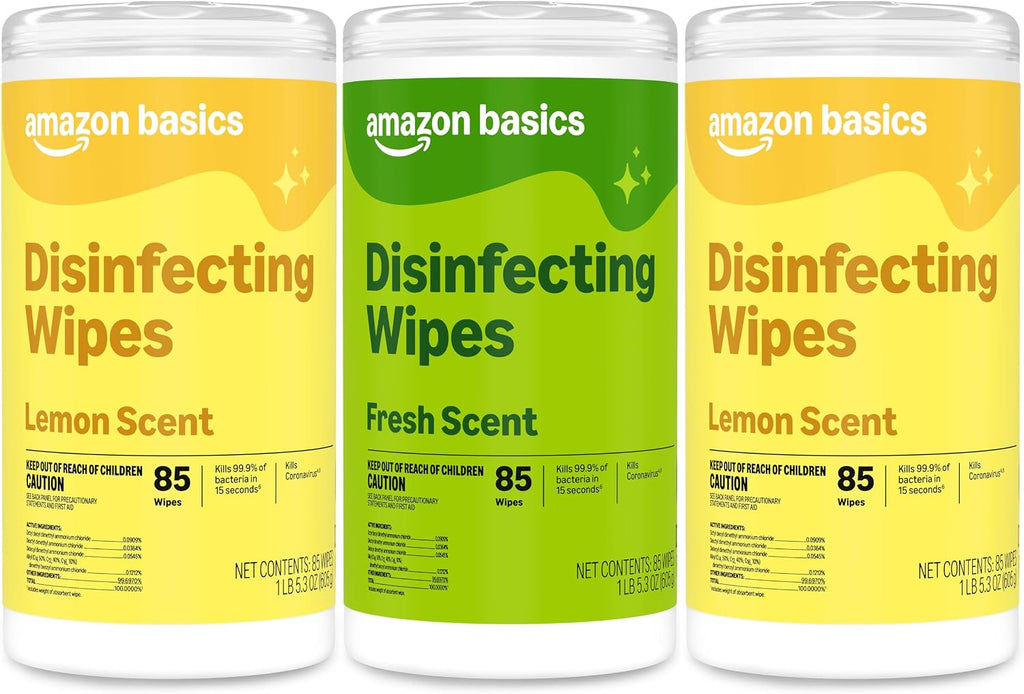 Amazon Basics Disinfecting Wipes, Lemon & Fresh Scent, Sanitizes, Cleans, Disinfects & Deodorizes, 255 Count (3 Packs of 85), Packaging May Vary