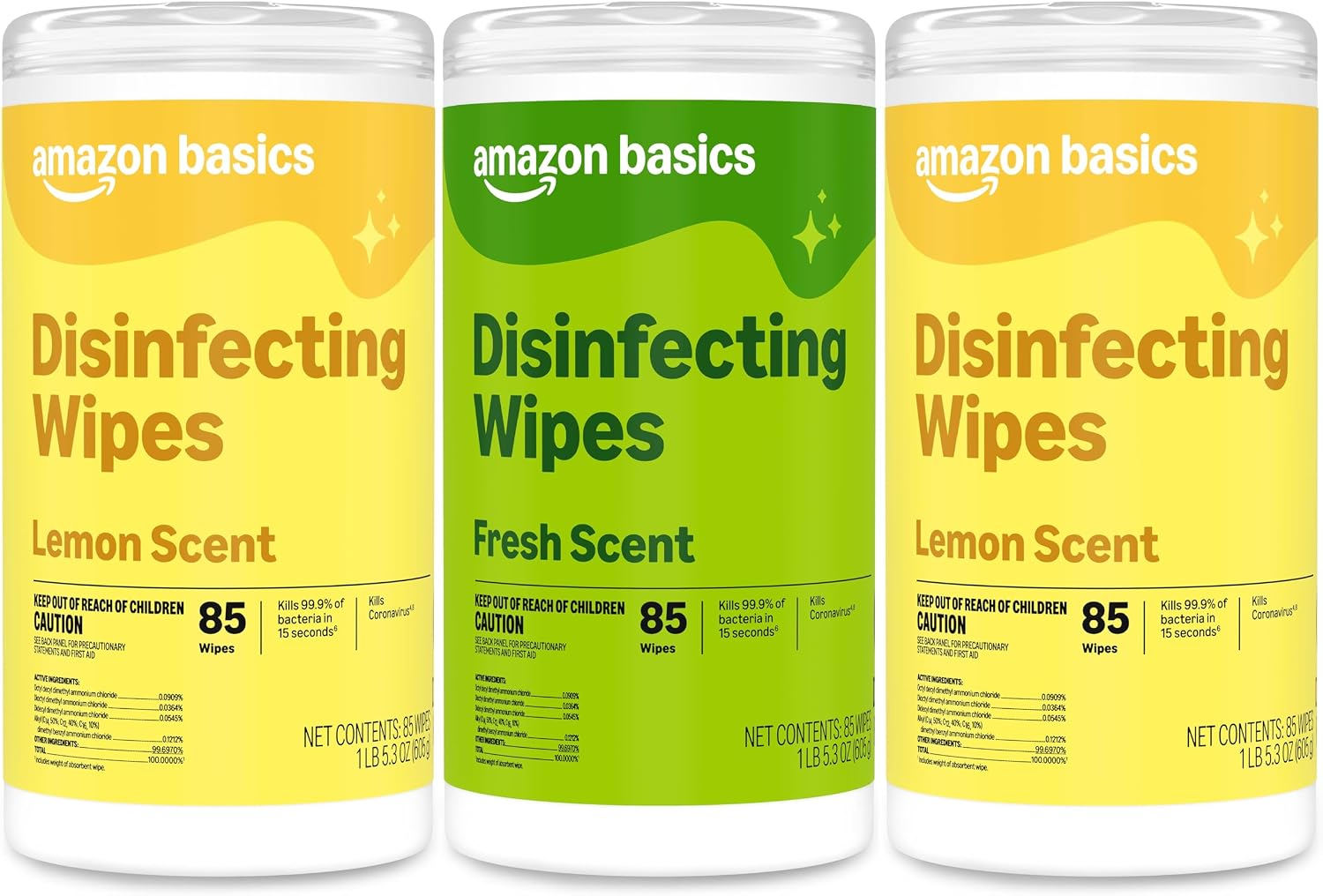 Amazon Basics Disinfecting Wipes, Lemon & Fresh Scent, Sanitizes, Cleans, Disinfects & Deodorizes, 255 Count (3 Packs of 85), Packaging May Vary