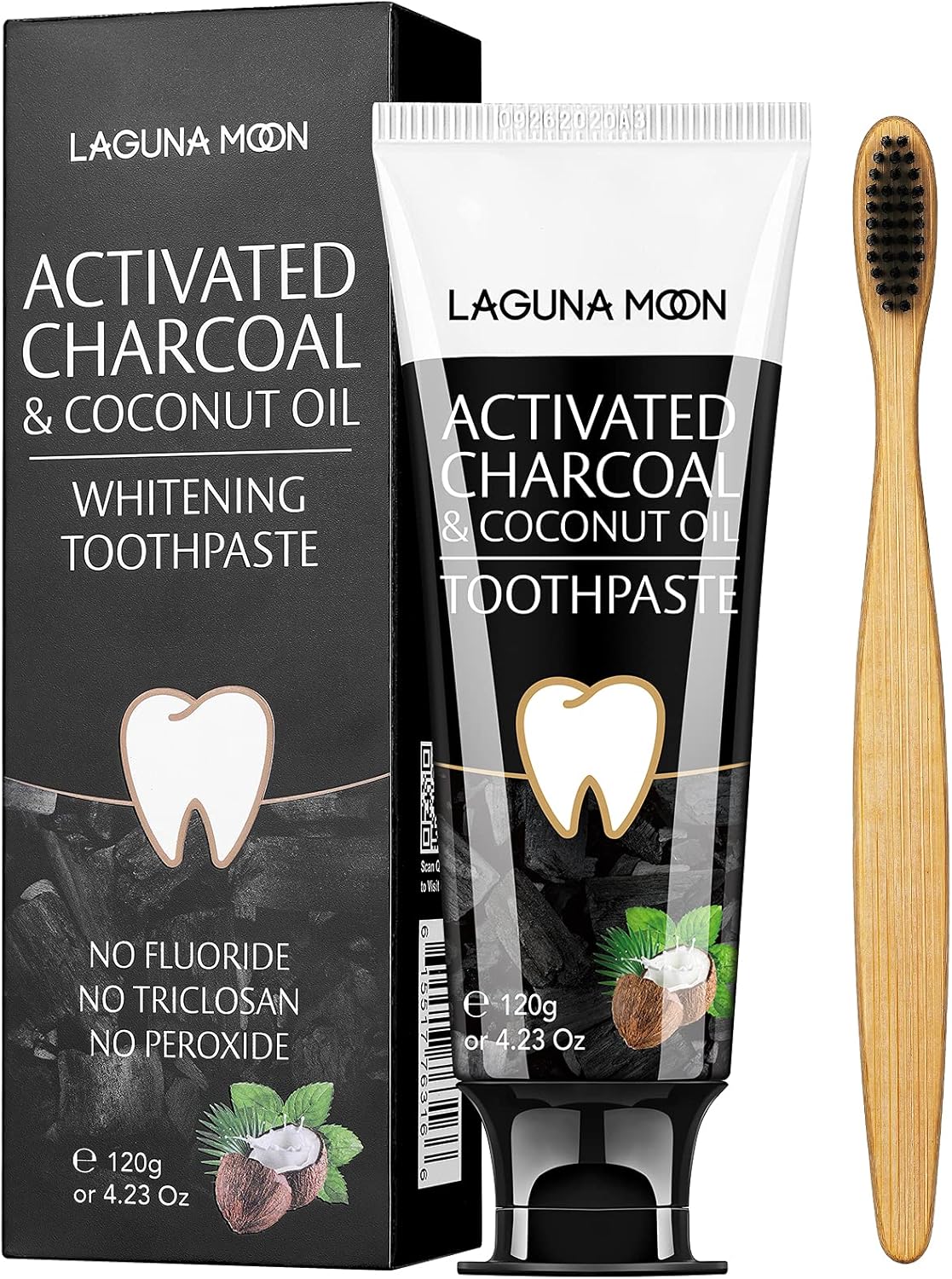 Lagunamoon Whitening Charcoal Toothpaste for Sensitive Teeth, Enamel Repair, Cavity Protection - Natural Toothpaste for Whitening, Removing Stains, Mint Flavor Freshen Breath Mint Gel - No Peroxide