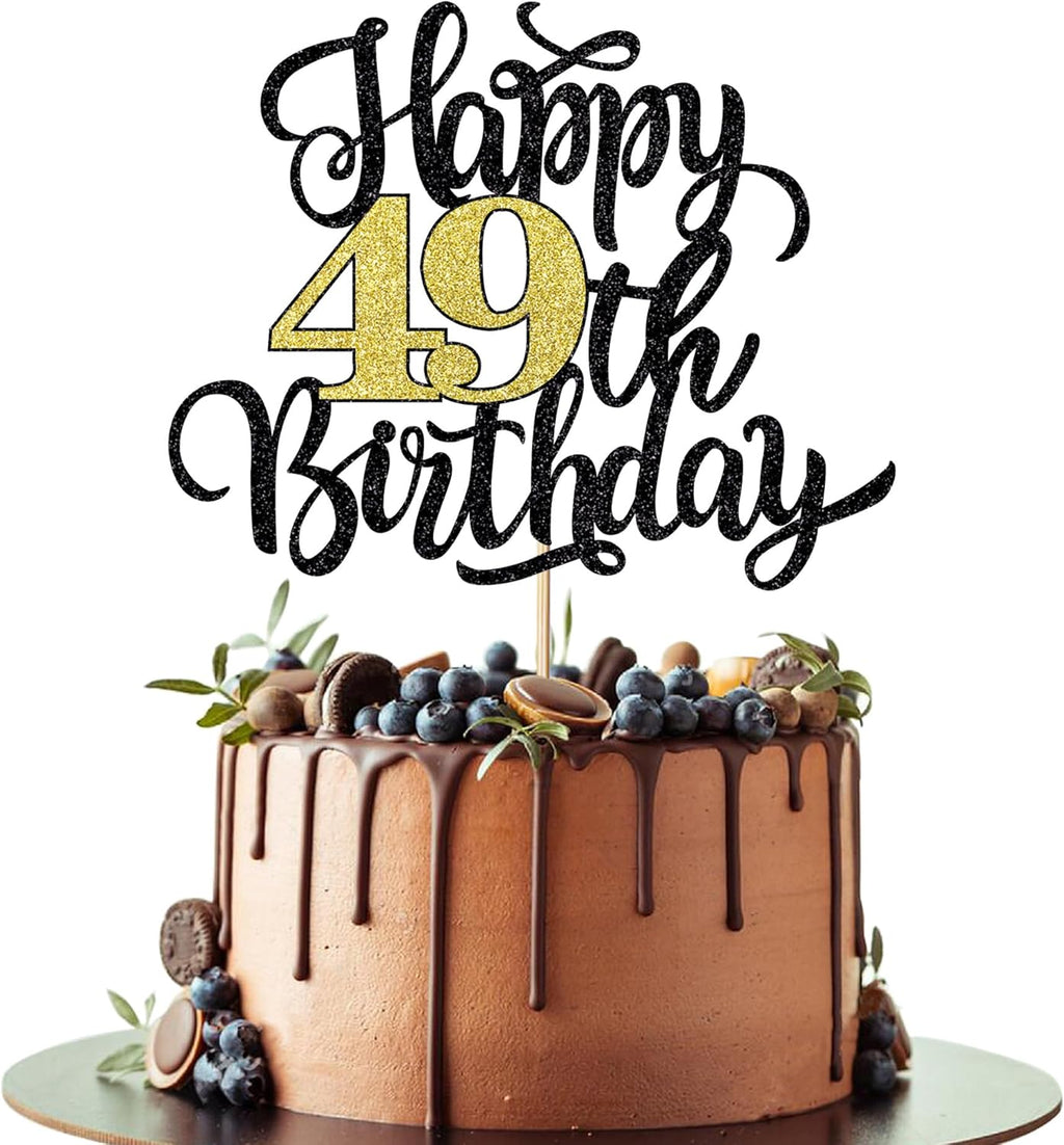 Happy 49th Birthday Cake Topper, Black Gold Glitter Birthday Cake Topper, 49th Anniversary/ 49th Birthday Party Decoration Supplies