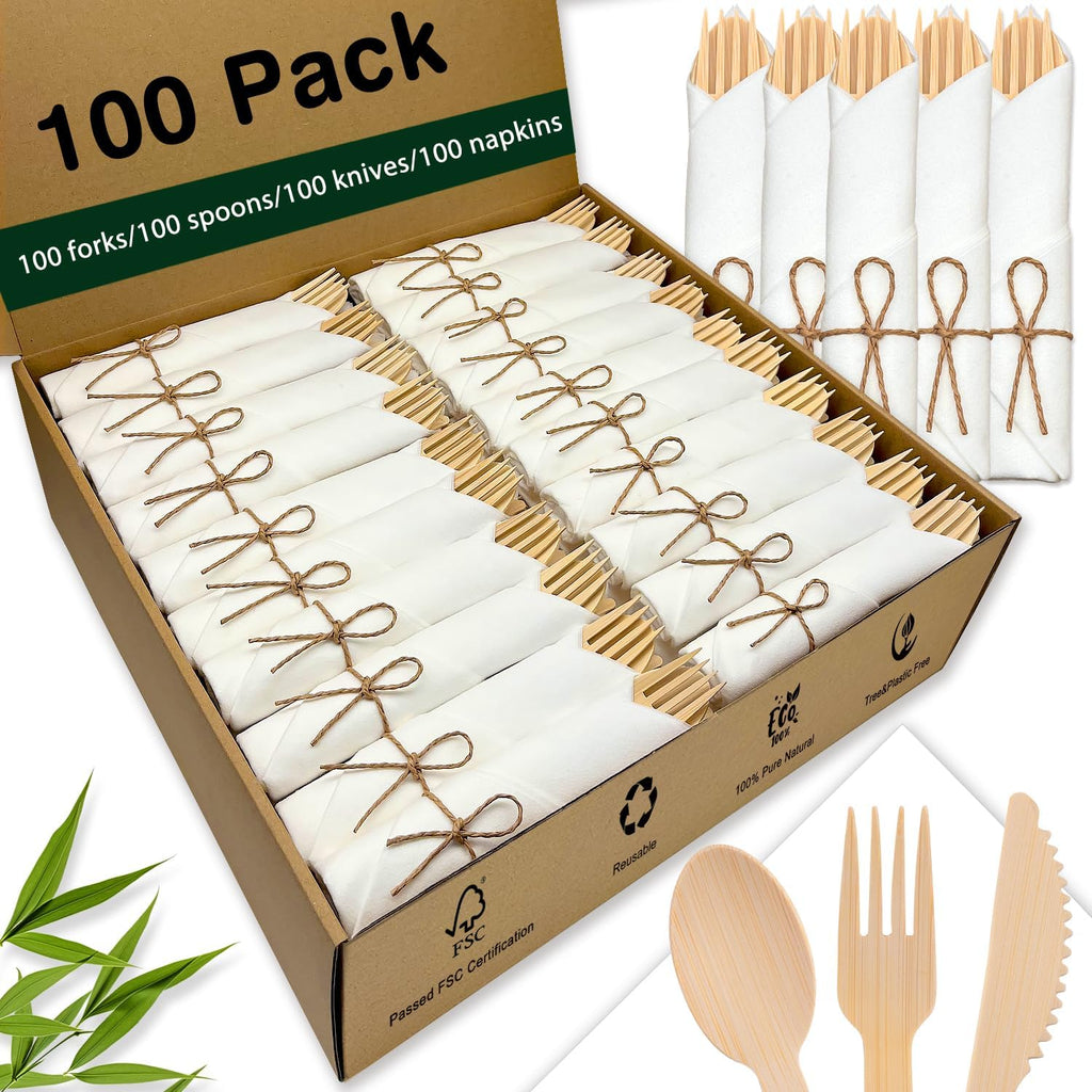 100 Pack Pre-Rolled Bamboo Silverware with Linen-Feel Airlaid Napkins - Heavy Duty Biodegradable Flatware Kit - Compostable Utensils for Weddings, Parties (Plastic Cutlery Alternative)