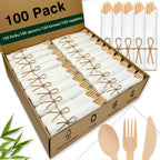 100 Pack Pre-Rolled Bamboo Silverware with Linen-Feel Airlaid Napkins - Heavy Duty Biodegradable Flatware Kit - Compostable Utensils for Weddings, Parties (Plastic Cutlery Alternative)