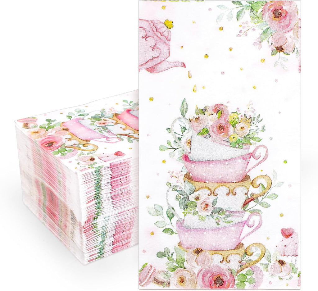 Whaline 100Pcs Tea Party Guest Napkins Floral Teacup Disposable Napkins Flower Tea Cup Dinner Paper Hand Towel for Bathroom Wedding Baby Shower Party Table Decor Supplies