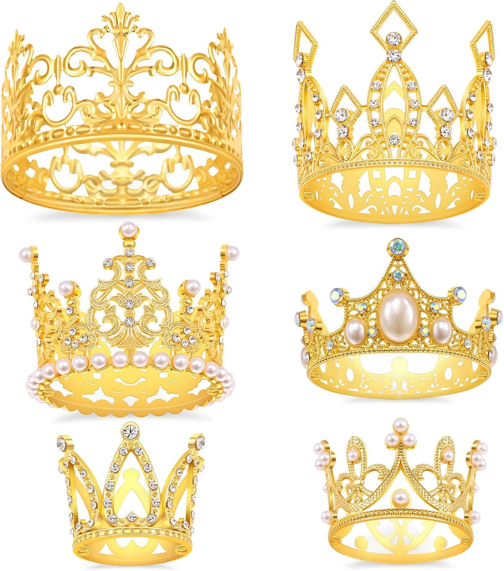 SisBroo Gold Crown Cake Topper, 6 Pieces Happy Birthday Cake Toppers, Princess Crown Cake Decorations, Mini Crowns for Flower Arrangements, Birthday, Wedding, Party Decor (Gold-Ⅰ, 6)