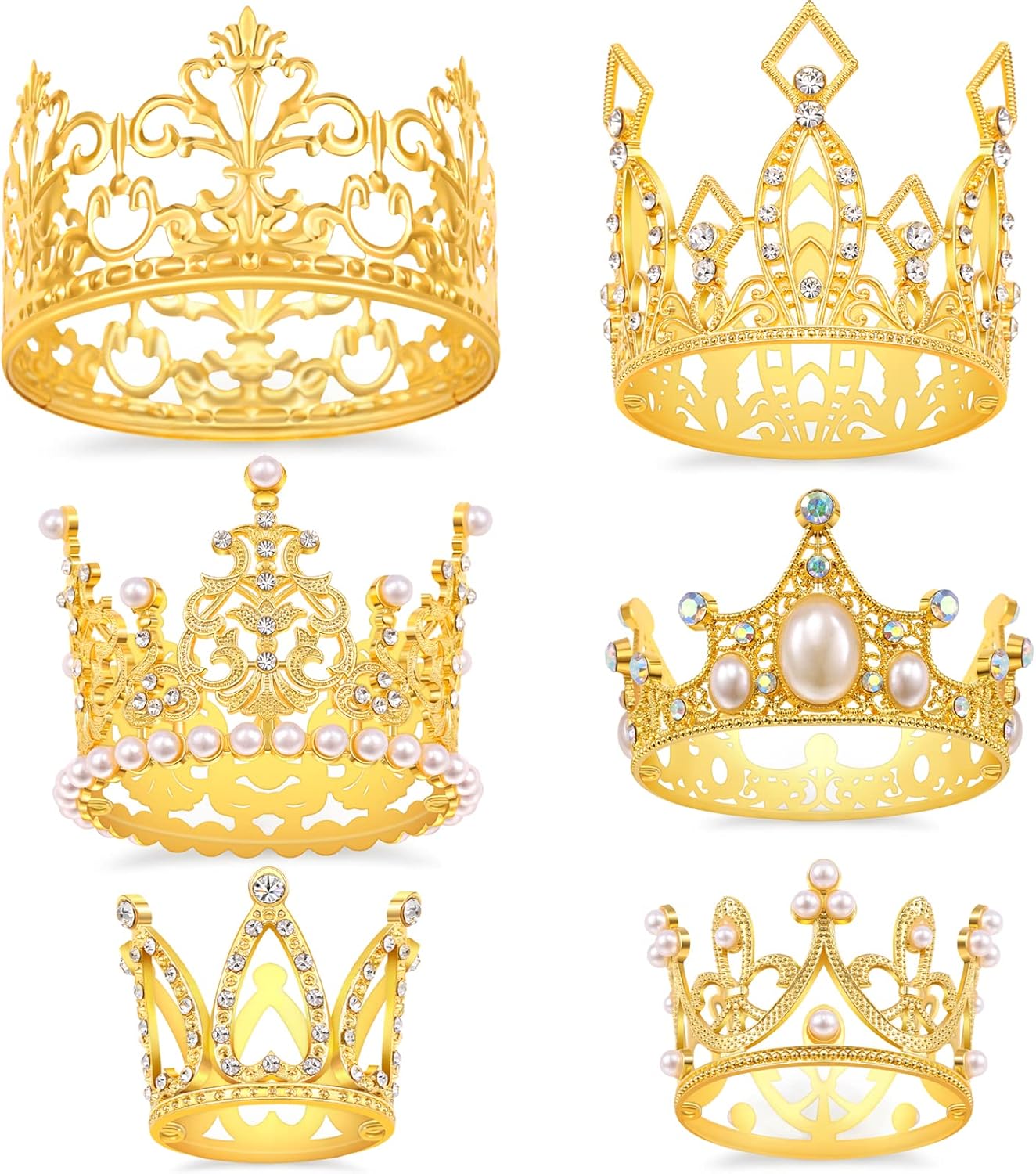 SisBroo Gold Crown Cake Topper, 6 Pieces Happy Birthday Cake Toppers, Princess Crown Cake Decorations, Mini Crowns for Flower Arrangements, Birthday, Wedding, Party Decor (Gold-Ⅰ, 6)